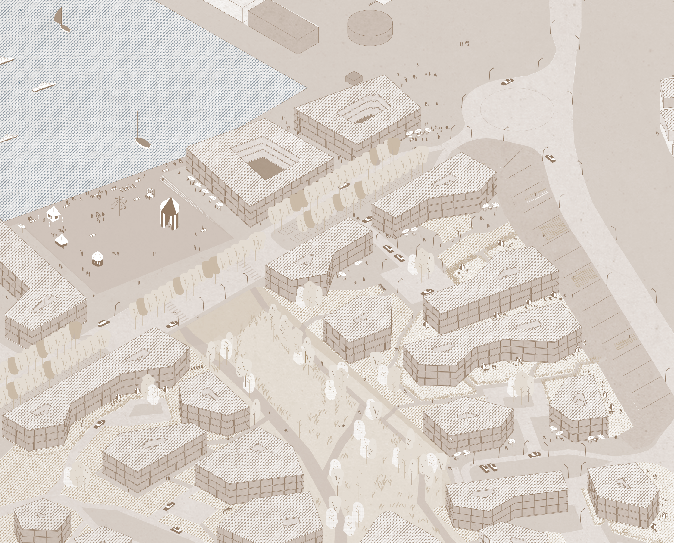  The plan concerns an embankment area located between two urban hubs and aims to structure and formalize this articulation between the city center and the seaside, completing a vast, expectant area. It realizes the potential of connecting a major public space with the riverfront in the only moment where such contact is possible. 