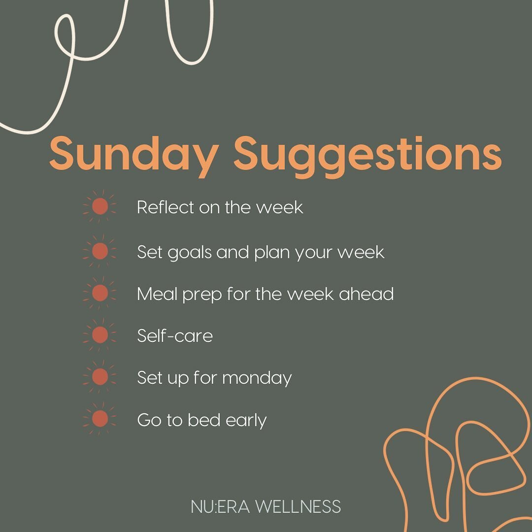 Some lil suggestions to set yourself up for the week ahead. Doesn&rsquo;t have to be them all. 
Ask yourself thou - What would the week ahead look like if I did just one?
💖
Small steps create big shifts.
Happy Sunday!
🙌🏼😌
.
.
.
.
.
#nuerawellness