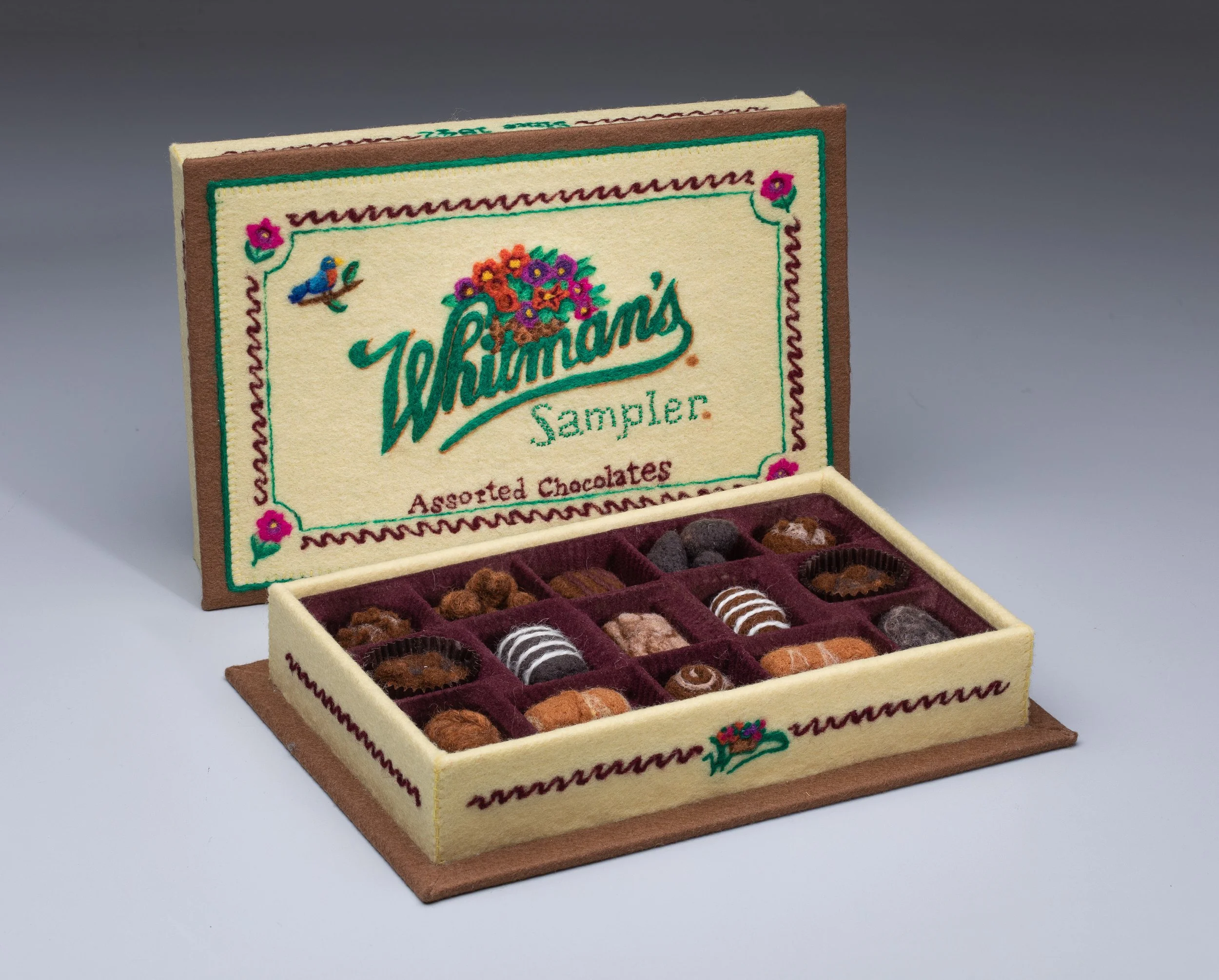   Whitman's Sampler,  2019 Needle felting and stitching on wool felt. 12 × 9.5 × 6.5 inches  