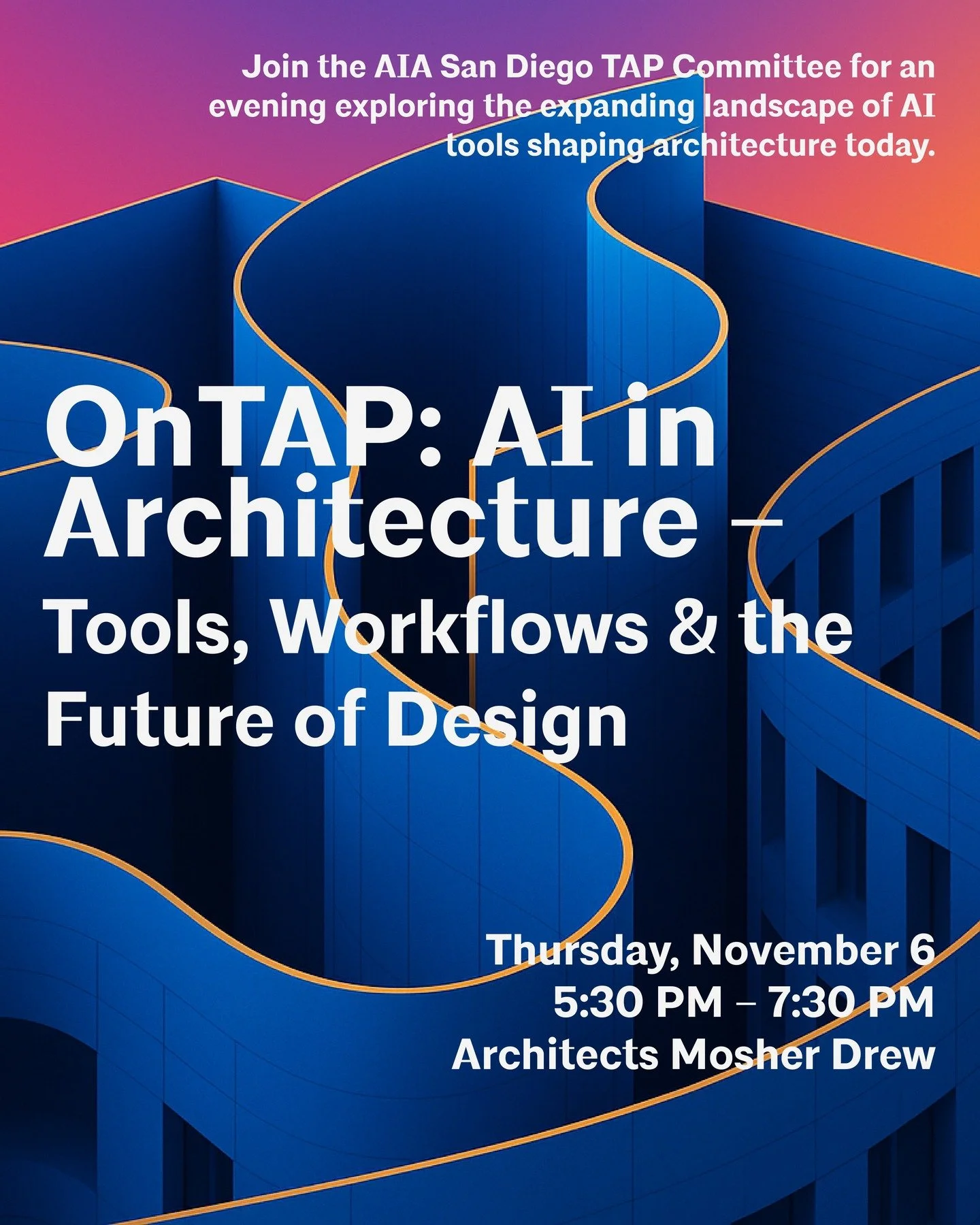 Design meets data.
Explore how architects are using AI tools like Kling AI, Runway ML, and ChatGPT to shape the future of practice.

📅 Nov 6 | 5:30&ndash;7:30 PM
📍 Architects Mosher Drew
Presented by AIA San Diego&rsquo;s TAP Committee
🔗 Register 