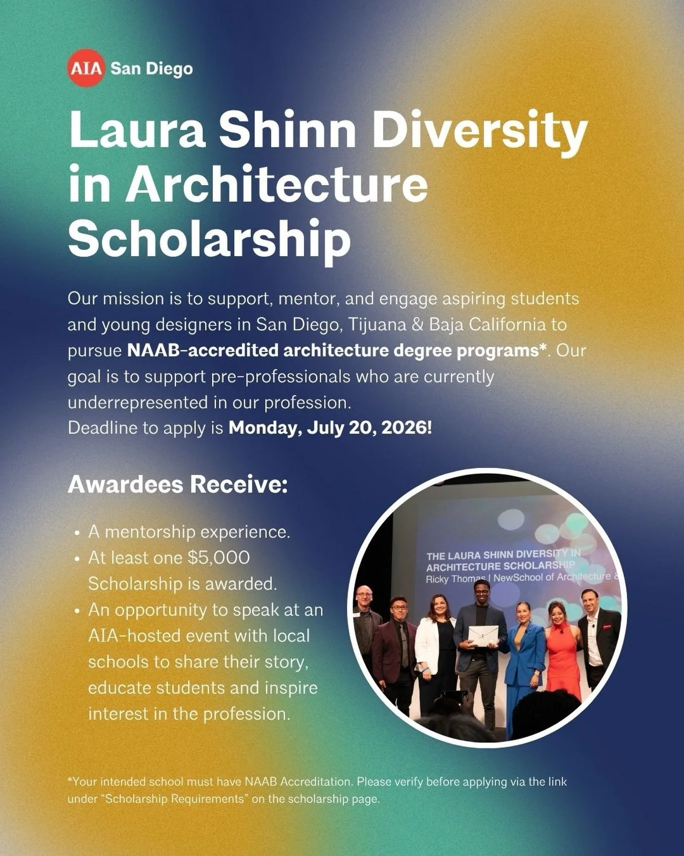 The deadline to apply for the Laura Shinn Diversity in Architecture Scholarship has been extended to July 20th!

The Laura Shinn Diversity in Architecture Scholarship is an architectural scholarship honoring the legacy of Laura Shinn, AIA, AICP, gran