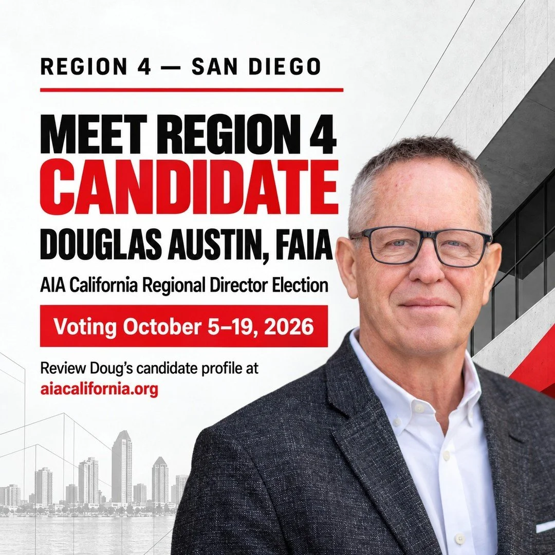 🗳️ The polls are open. Voting is underway in the 2027 AIA California Regional Directors Election.

Your Regional Director represents San Diego on the AIA California Board of Directors and helps shape the future of AIA California and the profession.
