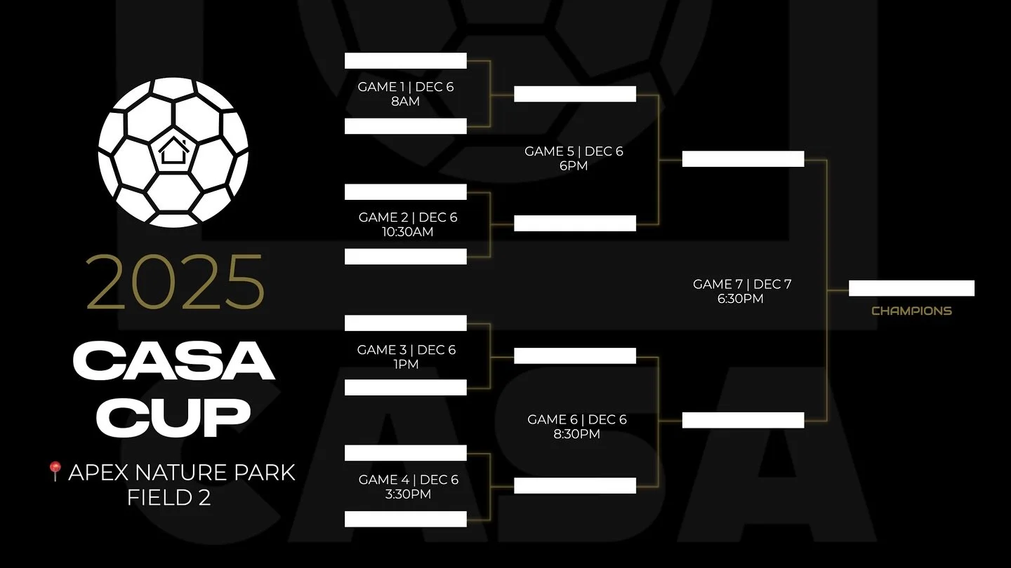 🚨Early Bird Special🚨

Sign up before October 25th and SAVE $150 on team registration! 

Here&rsquo;s the set up: 

8 Teams

Single Elimination (mini 9v9 tournament for those eliminated in the first round)

Random Seeding

Live Cup Draw