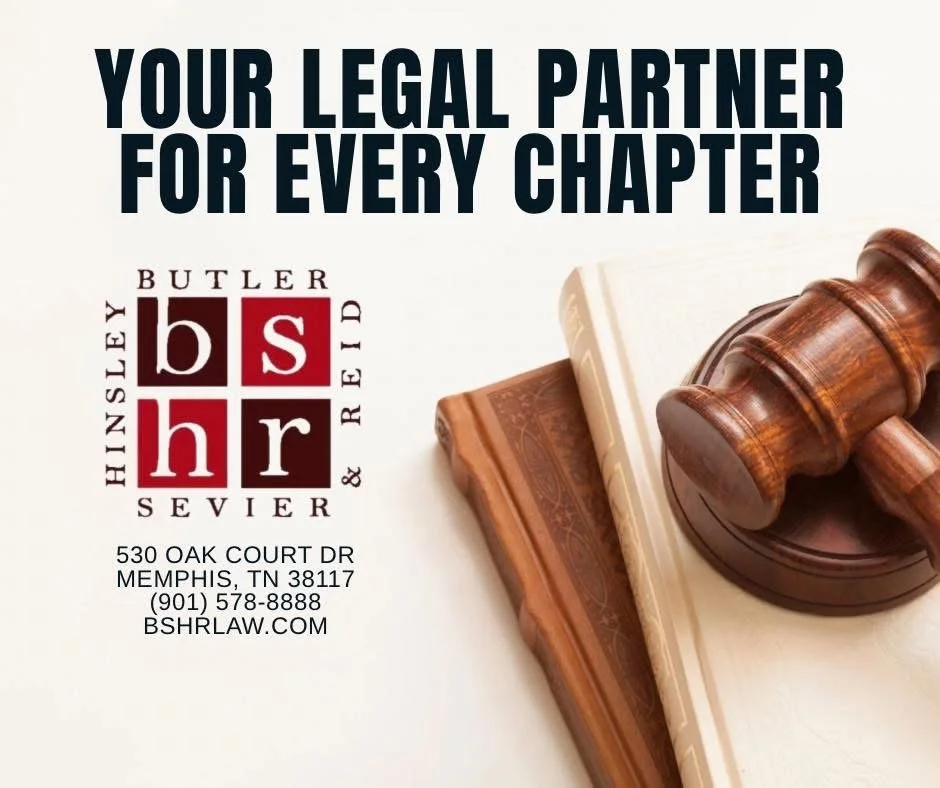 Legal advertisement for Butler, Hinsley, Sevier & Reid law firm with gavel and law books.