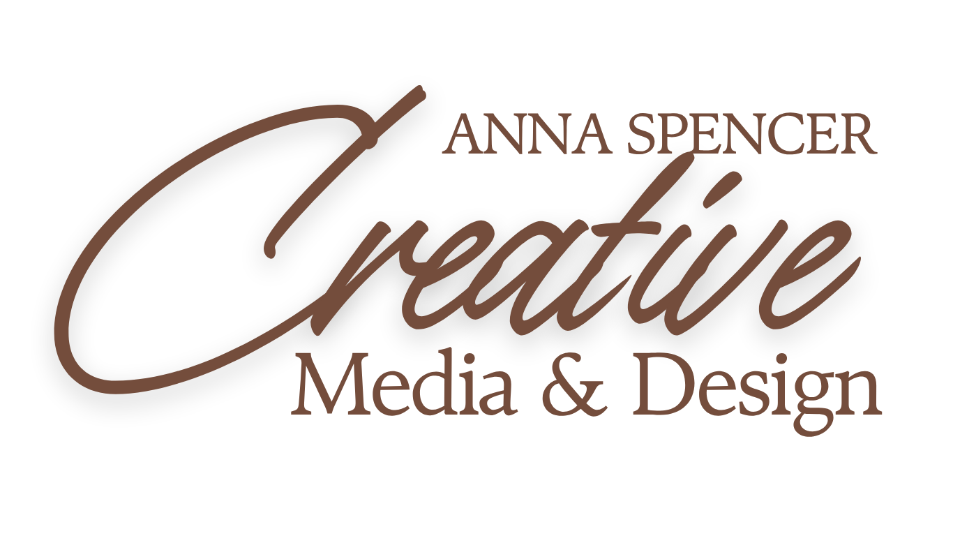 Logo for Creative, featuring the name Anna Spencer and the words Media & Design in brown cursive and serif fonts.