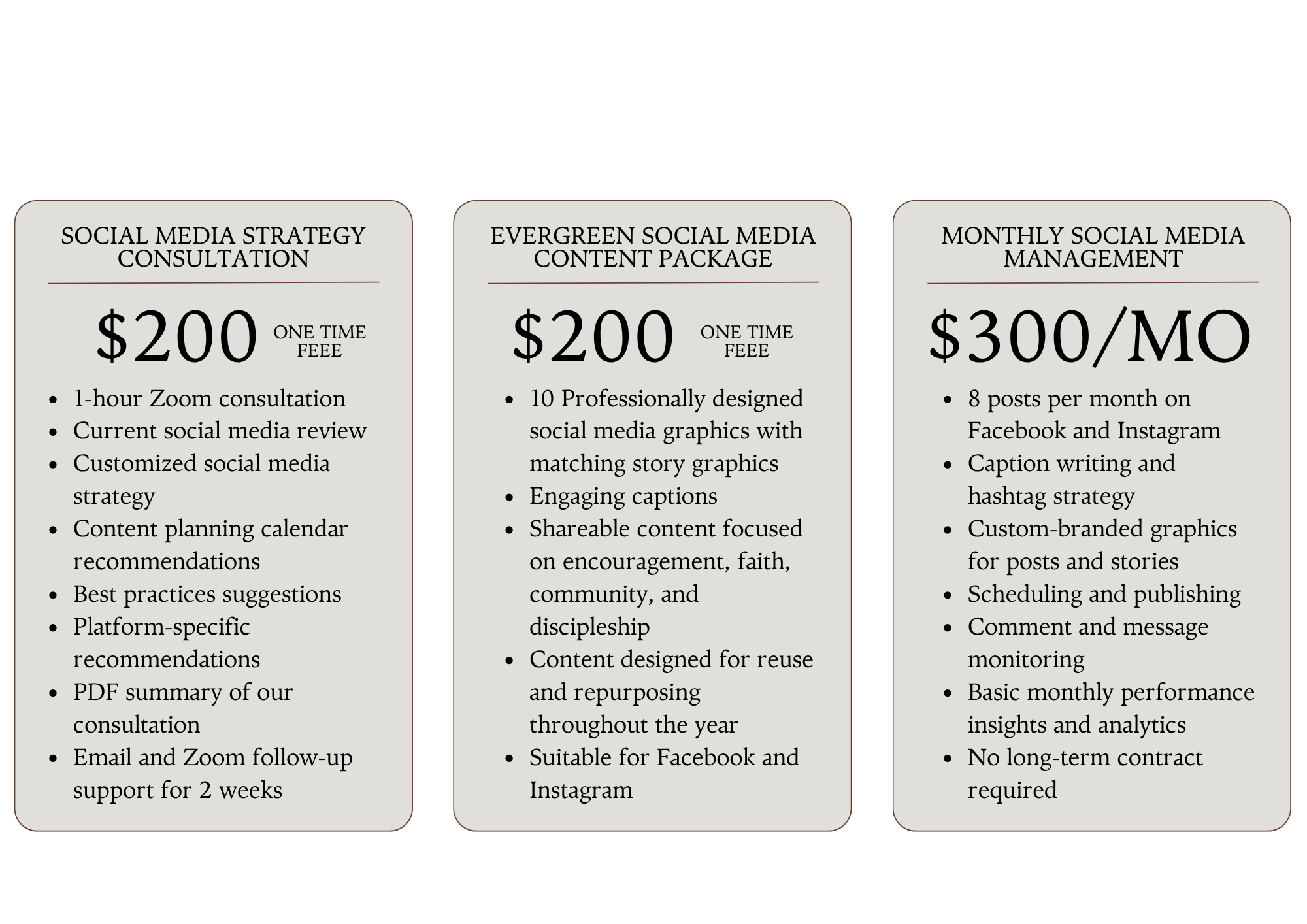 Three columns of text describing social media strategy services and pricing, including consultation, content packages, and management, with bullet points and pricing details.