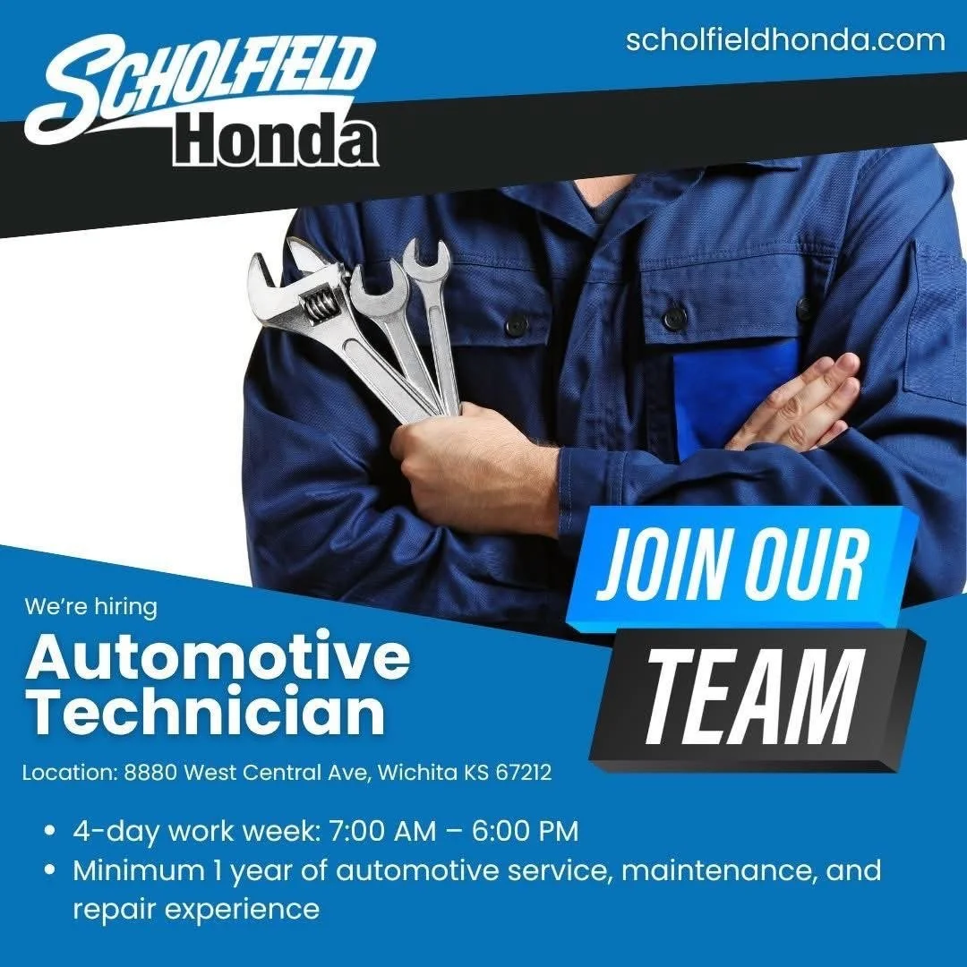 A person in a blue mechanic's uniform holding three wrench tools in front of a blue and black hiring advertisement for an automotive technician at Scholfeld Honda, located at 8880 West Central Ave, Wichita, KS. The ad invites applications for the pos