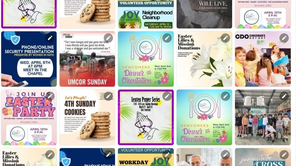 Collage of various flyers and announcements for community events, including Easter celebrations, children's activities, volunteer opportunities, prayer series, and security presentations.