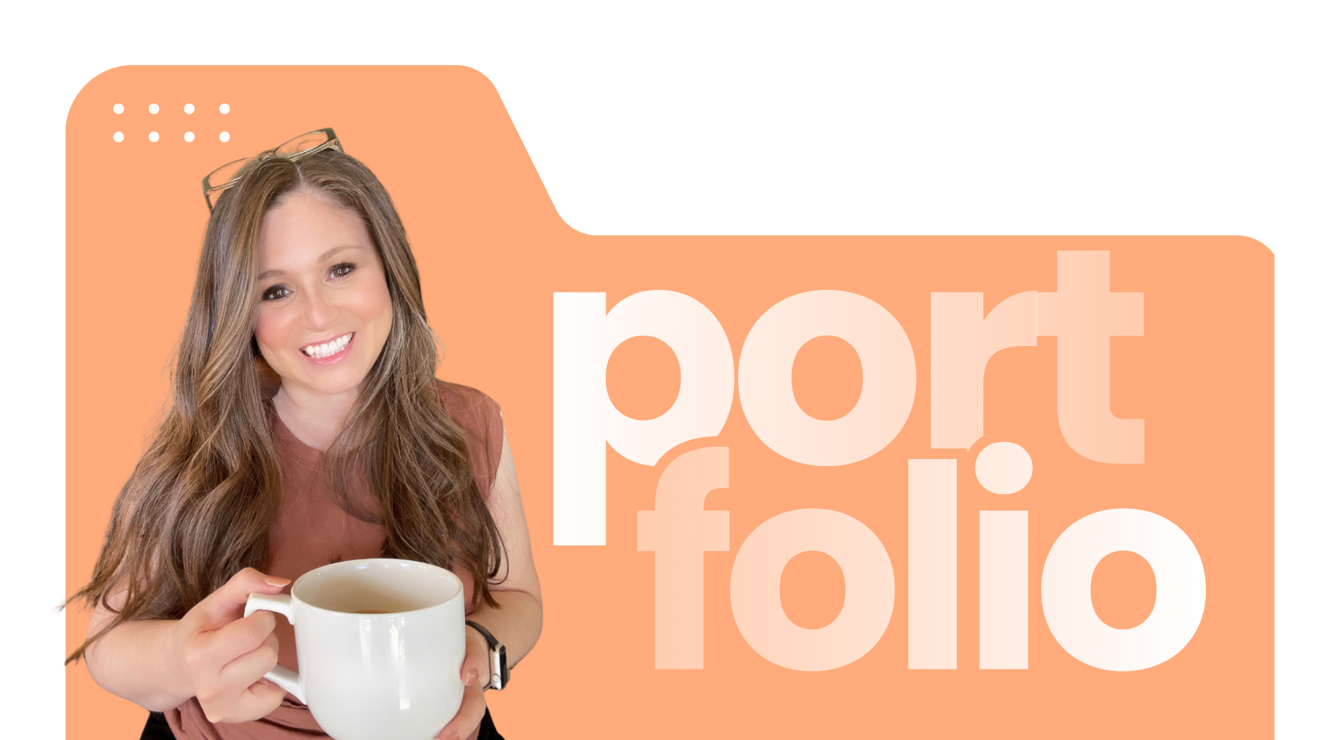 A woman with long brown hair and glasses resting on her head, smiling while holding a white mug of coffee, with a peach-colored background and text that reads 'part of my coffee'.