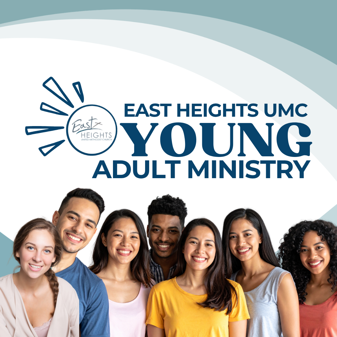 Group photo of diverse young adults smiling in front of a banner for East Heights UMC Young Adult Ministry at East Heights United Methodist Church.