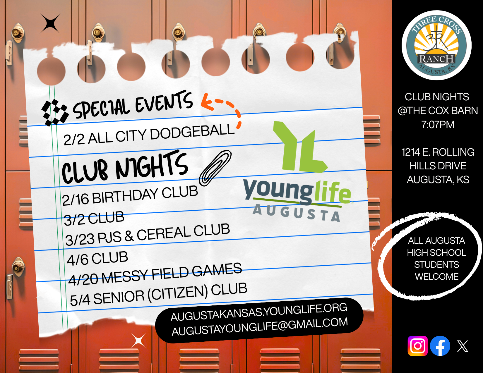 A flyer on a locker room door advertising Young Life Augusta club events and activities. The flyer lists special events, club nights, birthday clubs, sports club, PJs & cereal club, mess hall games, and a senior citizen club with dates. The right sid