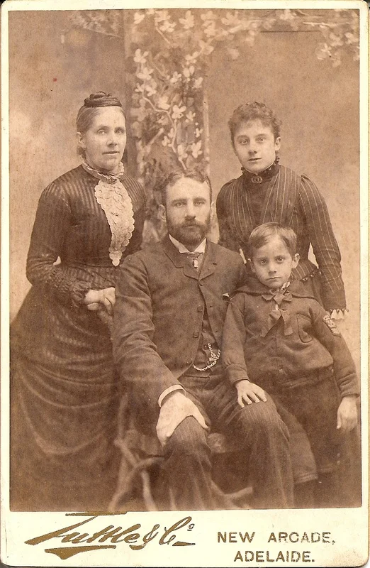 The Walter family in Adelaide in 1888.  While the caption on the back of this photograph claims that the individuals pictured were E Walter, A Grainger, L.G. Walter and W.G. Walter (that is, Elizabeth, her children, Lilian Grace and William Gilbert,…