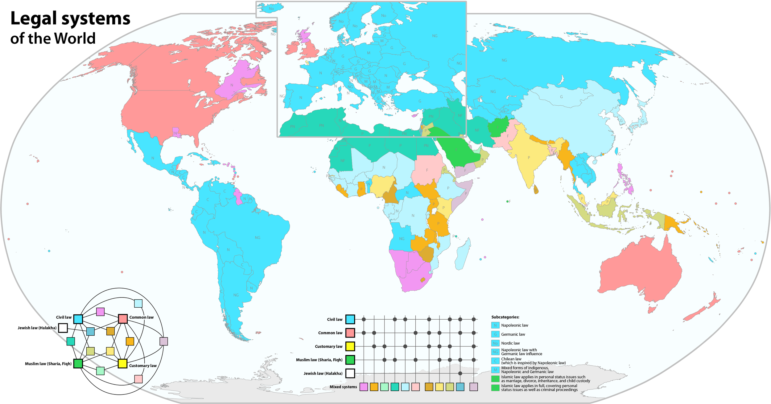 Colour-Coded Legal System Map of the World reveals jurisdictions influenced by common law. ( Attribution )