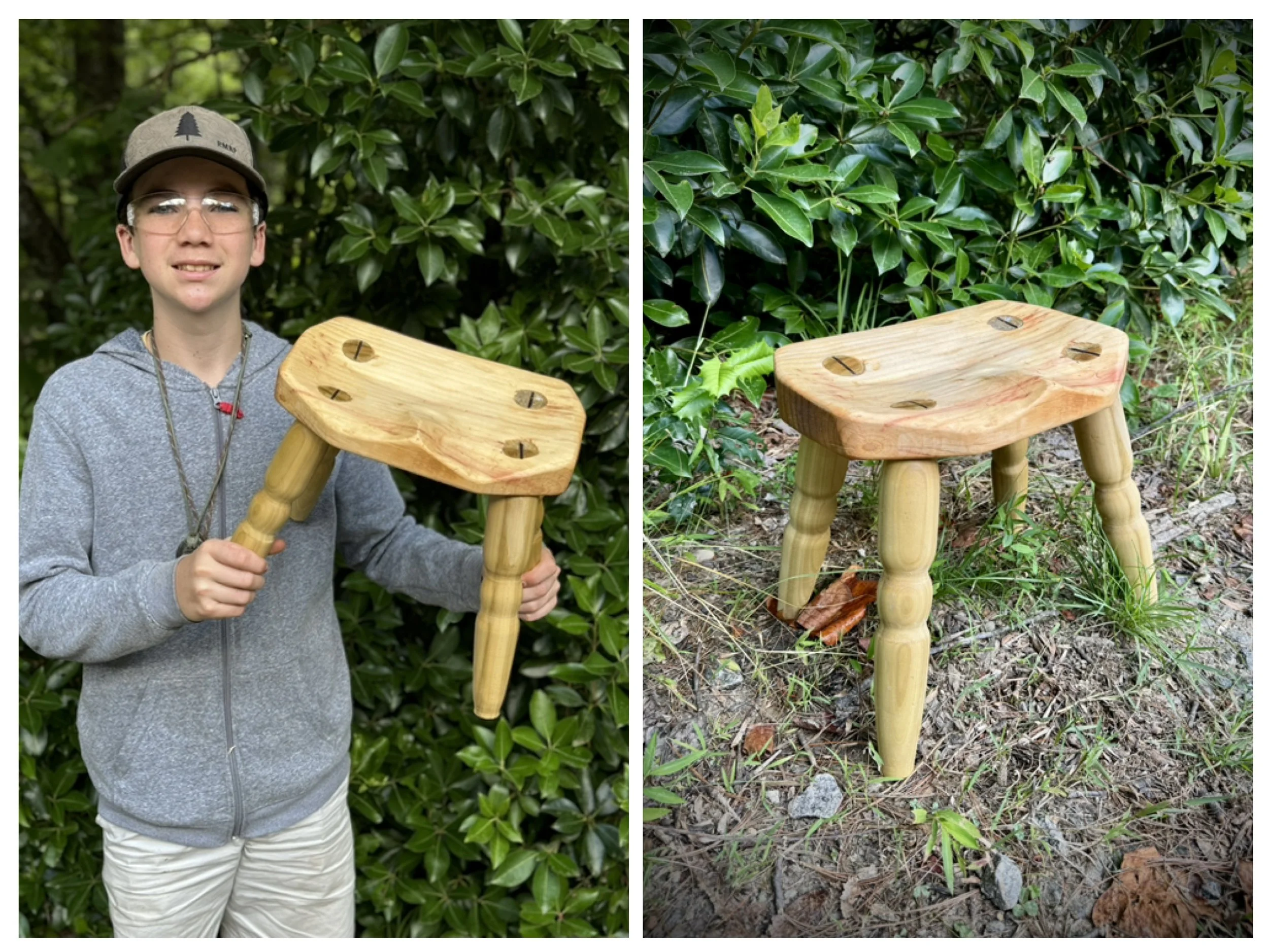 Camper proudly displays his maker skills and spirit by showing off his stool he crafted. 
