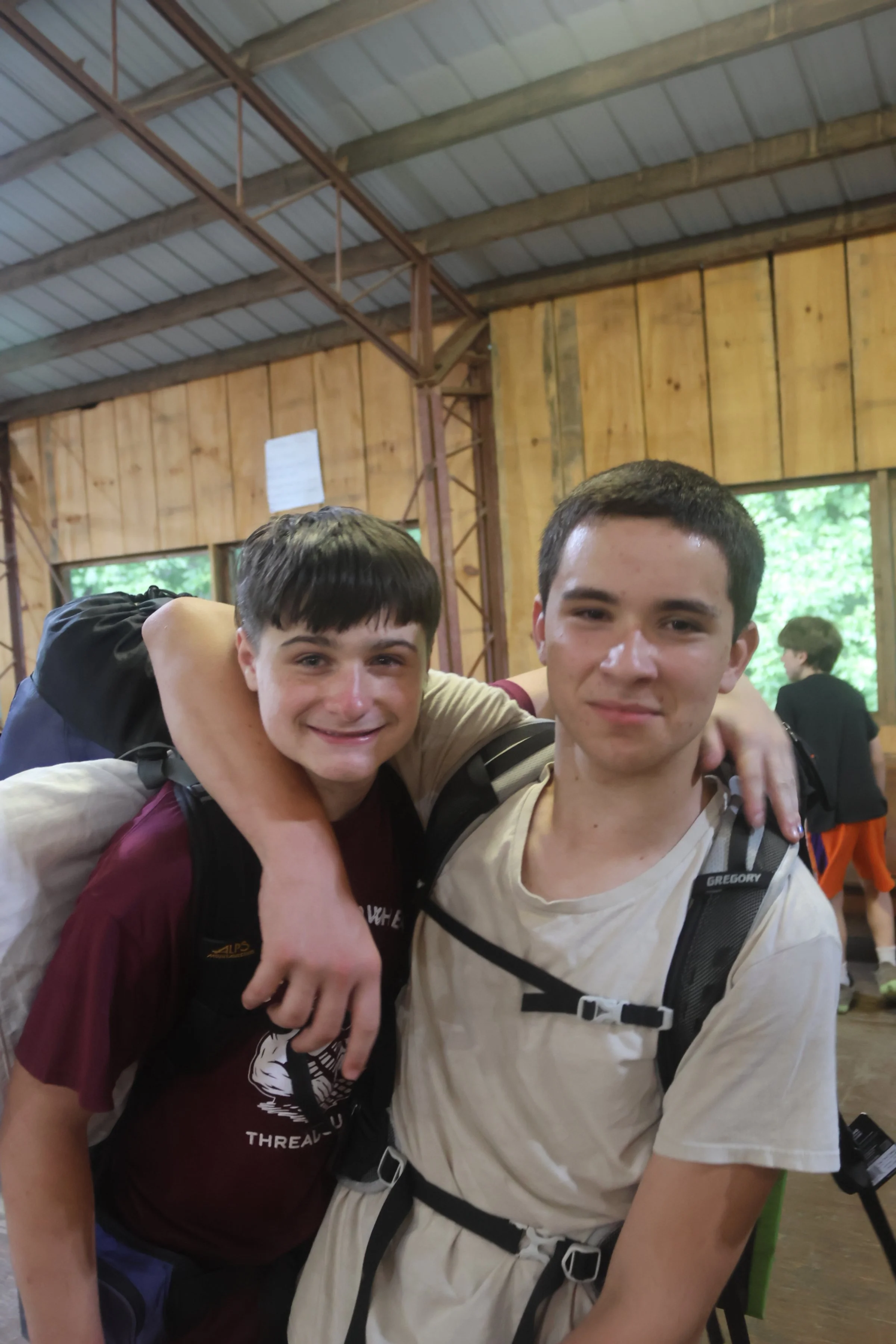 Two Sleepaway campers are excited for their backpacking hike at Camp Arrowhead in NC. 