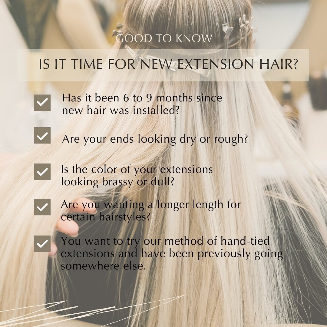 Is it time to replace your extension hair?
⠀⠀⠀⠀⠀⠀⠀⠀⠀
If you answer yes to any of these questions, it is time to do the switch girl! 
⠀⠀⠀⠀⠀⠀⠀⠀⠀
Fill out an appointment request form linked in our bio to schedule a time!