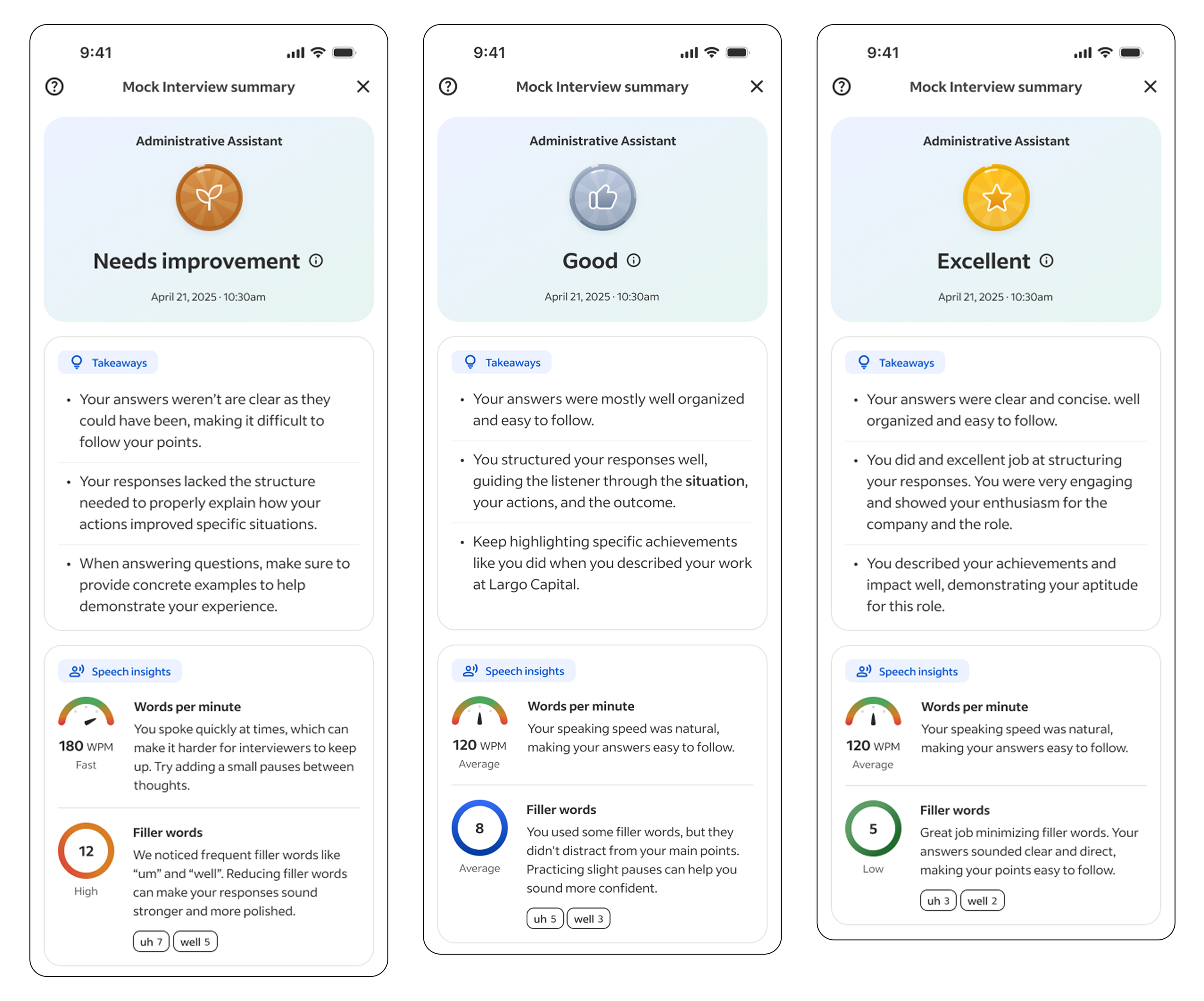 The different possible ratings a job seeker can score from their ai mock interview. Image shows an example of "Needs improvement", "Good", and "Excellent".