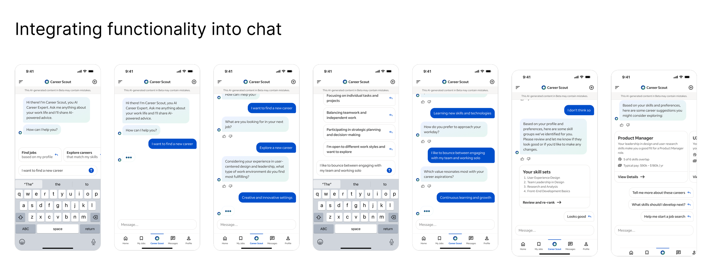 A view of the AI chat experience and the integrated career quiz and career path recommendations.