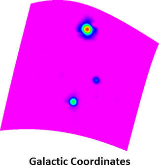 Bottom right: Mapping of Virgo A from above processed in Galactic coordinates, vs. its original, equatorial coordinate system. This field is at high Galactic latitude, and consequently serves as a good example of the equal-areas and equal-distances properties of our sinusoidal projection. Equal areas means that sources cover the same number of pixels, and consequently should yield approximately the same photometry: The three sources in this map yields the same photometry as in the bottom-left panel to within 3%, despite the greater (diagonal) distortion that these sources can experience at high Galactic latitudes. Equal distances refers to distances along horizontal lines, as well as along the central vertical axis, being distortion-free.