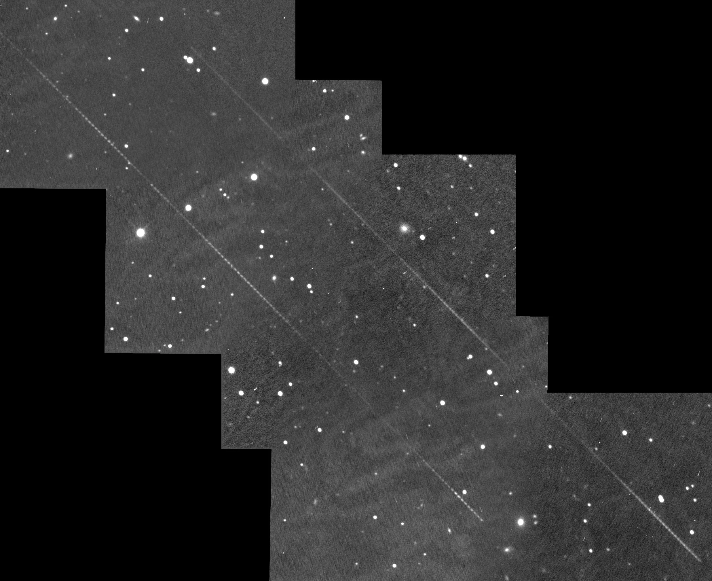 Mosaic of images of NEO 2001 FE90 obtained simultaneously from Skynet telescopes at Cerro Tololo Inter-American Observatory in Chile and Dark Sky Observatory in North Carolina. A parallactic shift of ≈8’ and a rotational period of ≈30 minutes can be measured from the images.