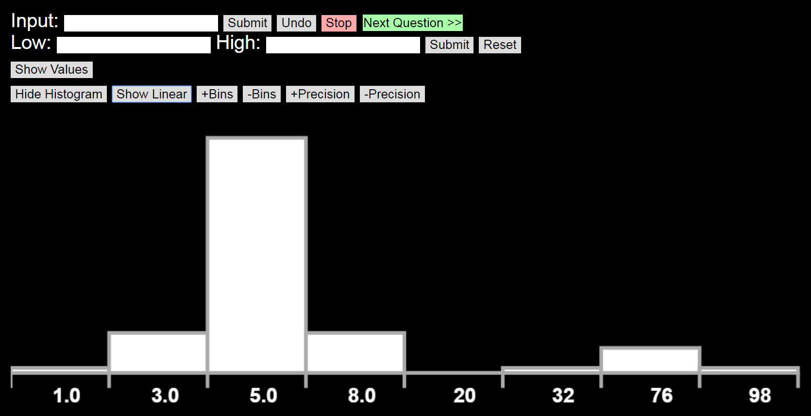Our freely available, math-oriented e-polling interface. Students enter values using their phones or laptops. Values may be either positive or negative, decimal or fraction, or in scientific notation. All submitted values can be displayed simultaneously, or hidden from the students, as can be a histogram of these values. The histogram can be plotted linearly or logarithmically (useful in the event of exponential outliers), over an instructor-adjustable range. The median of each bin’s value is displayed, and both the number of bins and the displayed precision are also instructor-adjustable. Finally, the interface also supports slow-reveal (for suspense!) class medians (e.g., we use this feature during our interactive lecture on Drake’s Equation).