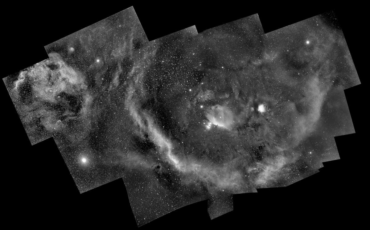 Optical, H-alpha data (black-and-white layer) taken by Steven Christensen and processed by Steven and Tim Christensen. Radio data (false-color layer) taken with Green Bank Observatory’s 20-meter diameter radio telescope, using Skynet (Dan Reichart, John Martin, Dylan Dutton, Michael Maples, Travis Berger, Joshua Haislip, Frank Ghigo).