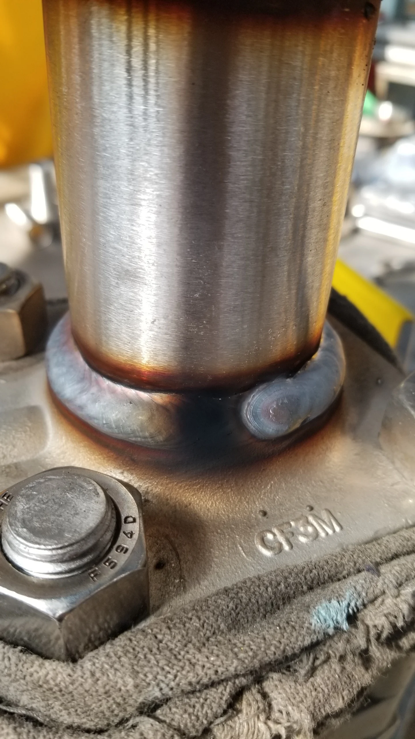 Pulse Mig on 304 Stainless to 316 Stainless valve.  316L wire.  Raw finish, not yet brushed. 
