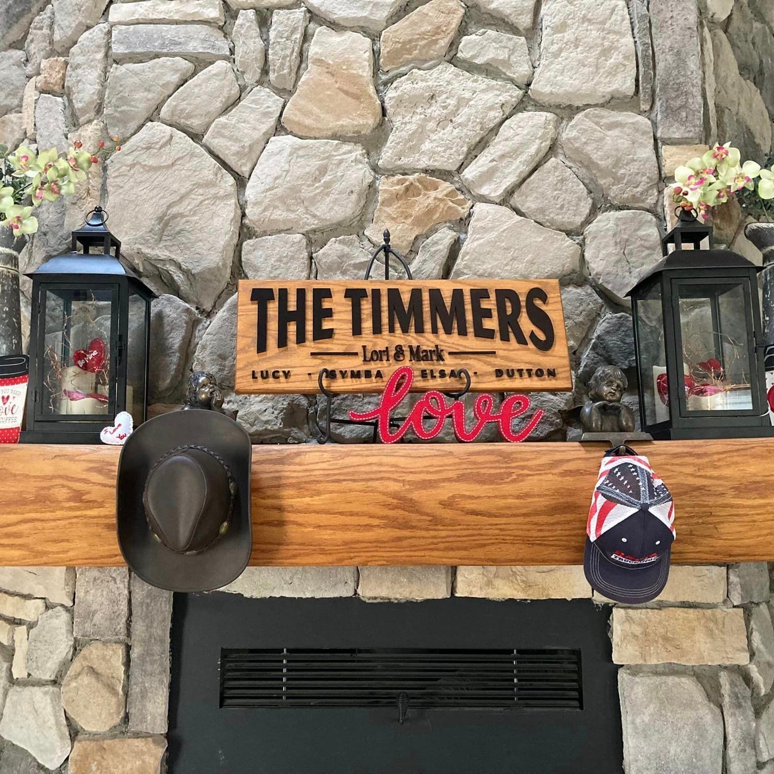 We never get tired of seeing our work in your homes &amp; businesses! ❤ This black on Red Oak 3D sign looks great above the fireplace of the Timmer family.