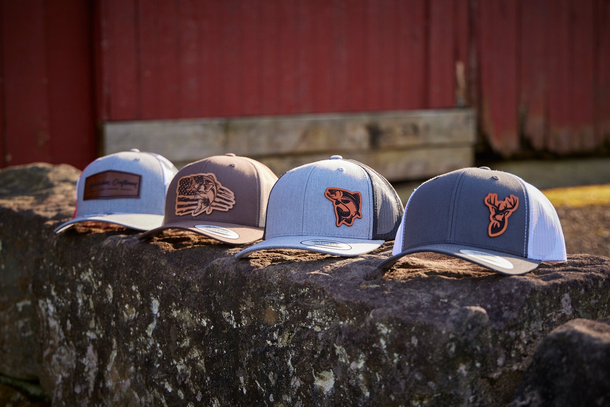 New! Leather patch hats! Our wildlife collection offers our unique and classy take on a traditional product. We select and dye the leather ourself, and best of all - no minimums! Reach out today for a custom order with your company logo, yes, we can 