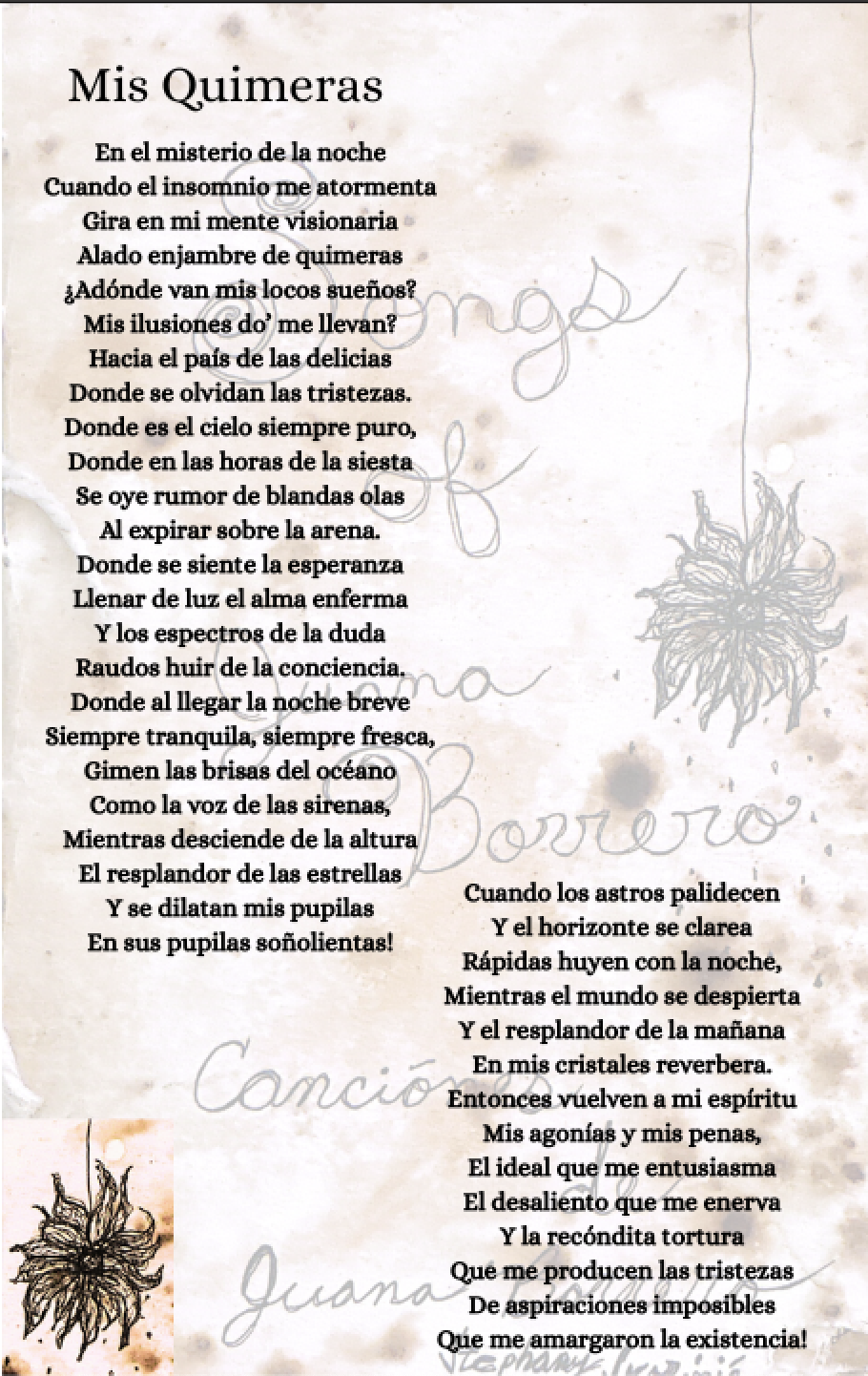 “Mis Quimeras manuscript design with Spanish text”