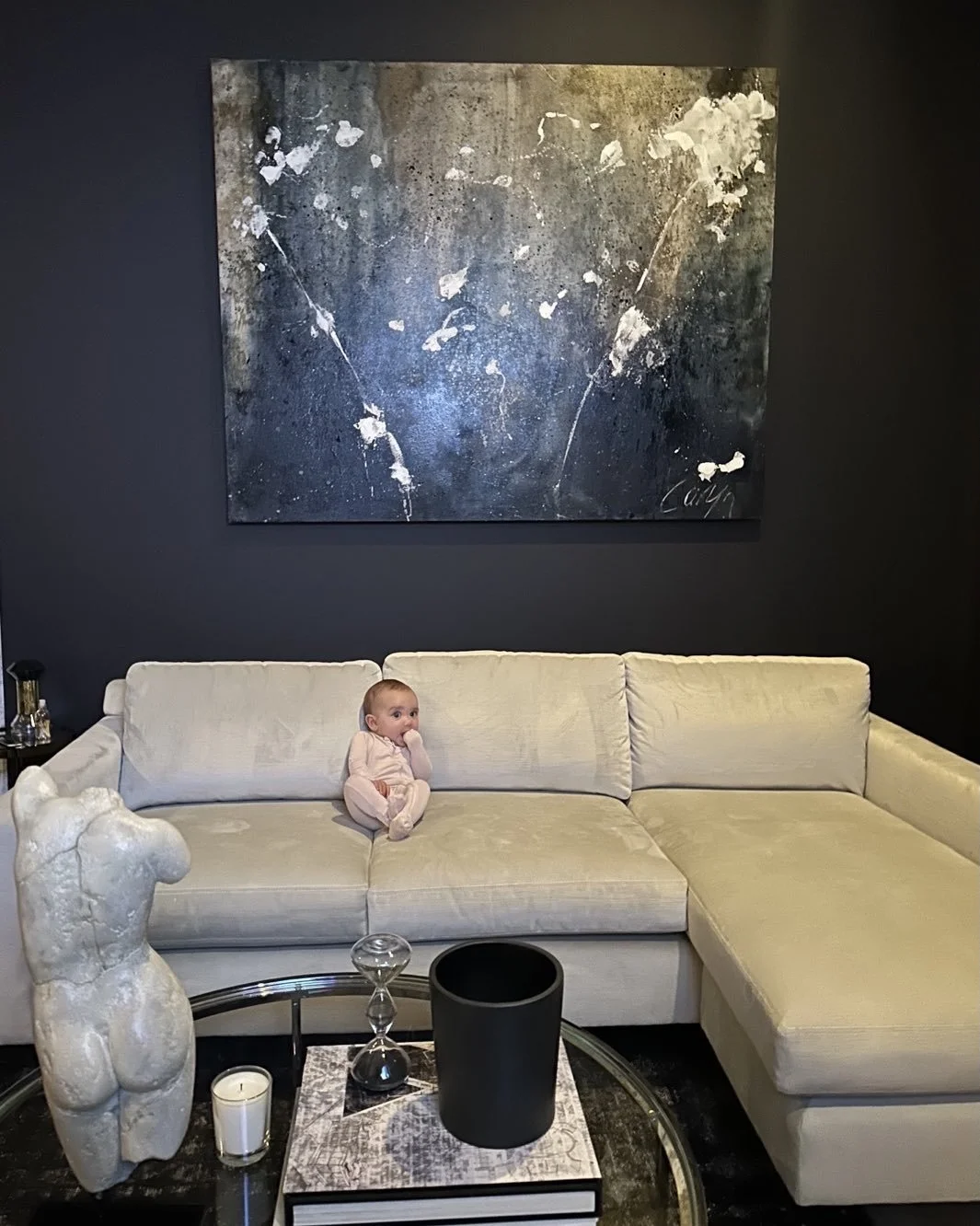 &ldquo;Gimme Some of That&rdquo; 48 by 60 oil stained abstract!  Not sure it is my art that is captivating this little beautiful babe&rsquo;s heart💕 but I will take it!! 

Isaiah 9:6. For us, a child is born, to us a son is given, and the government