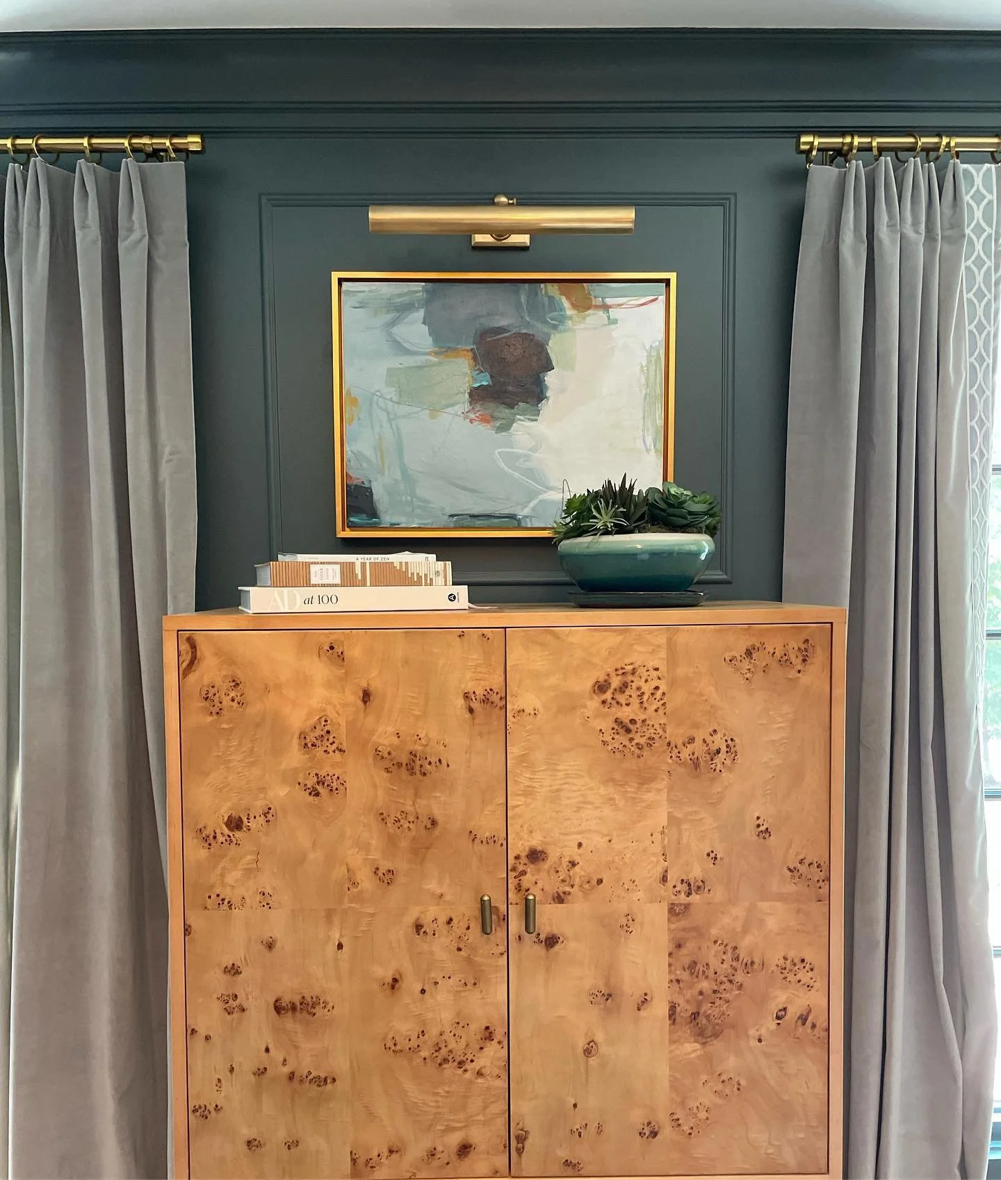 Fabulously designed by Robin Becker of Milledgeville, Ga.!! 

Abstract landscape and blushing blue abstract in gold leaf floating frames positioned perfectly on gorgeous blue walls. Thank you Robin for including me in your design!