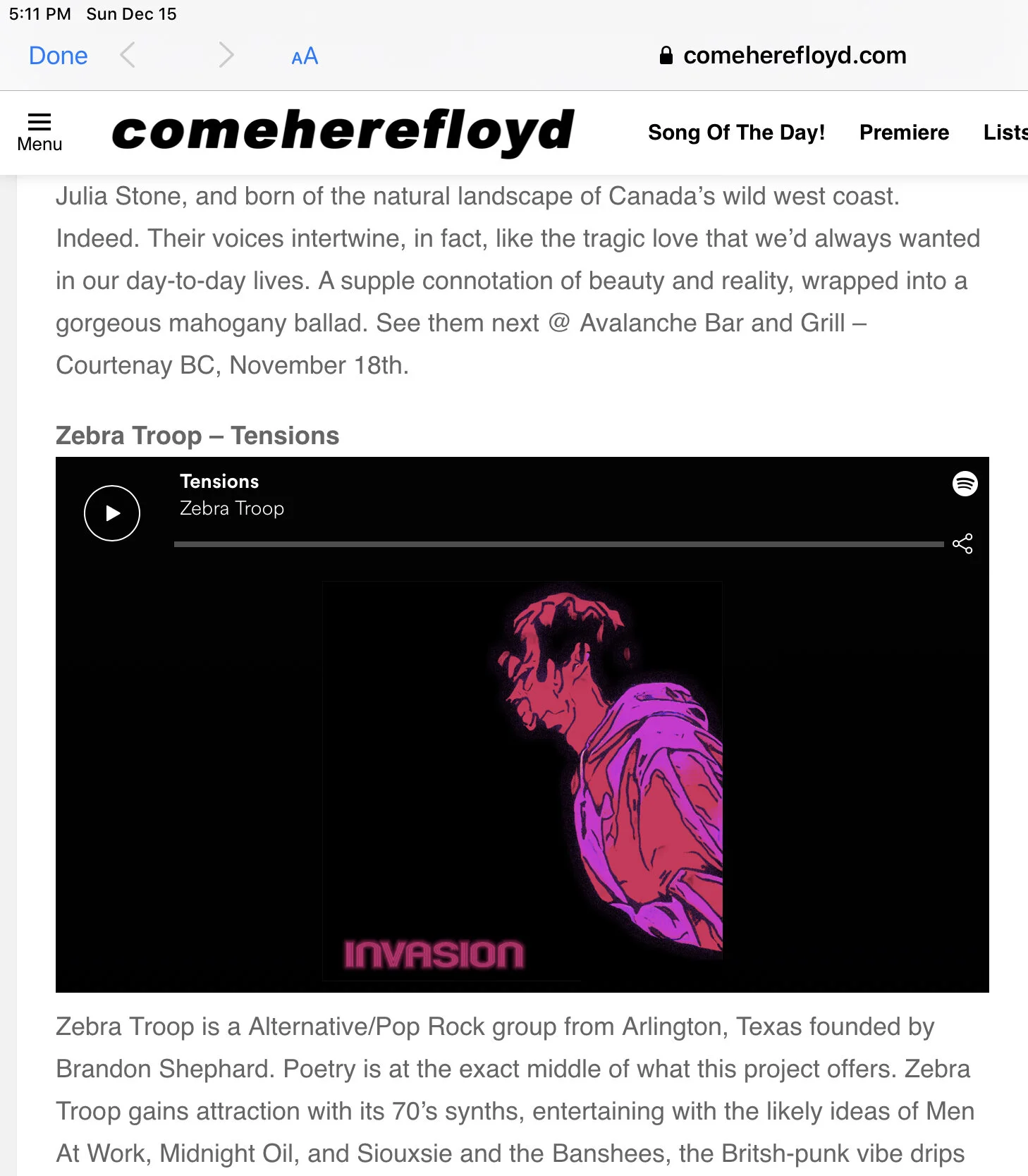 Comeherefloyd reviews new Zebra Troop album ‘Invasion’