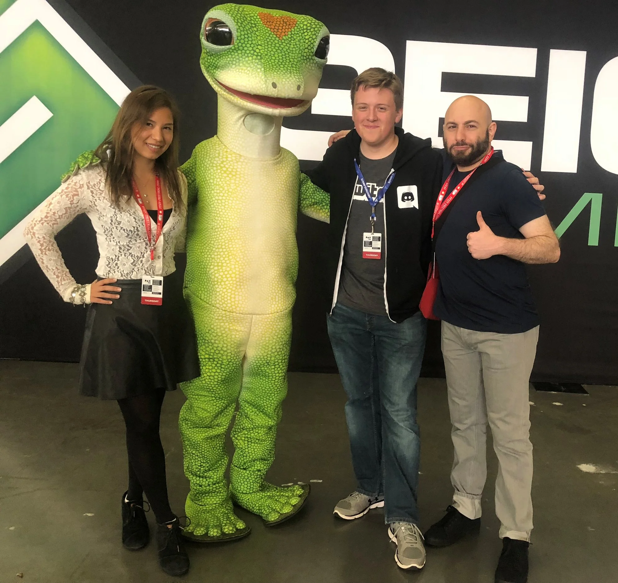Me, the Geico gecko, RyyGaming, &amp; Swiftor (the man that started it all for me) at PAX East 2018.