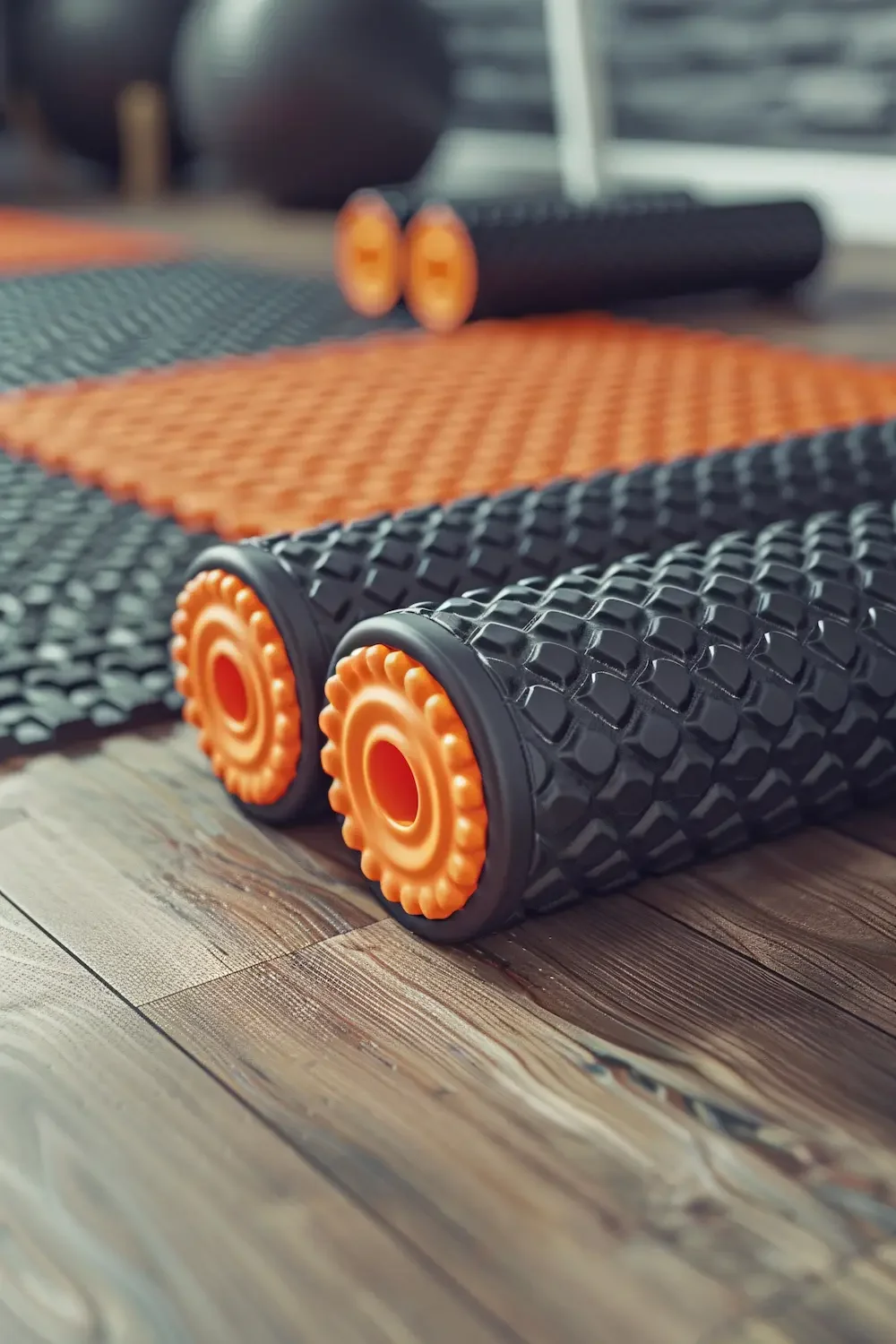 Close-up of black and orange foam rollers and yoga mats on a wooden floor.