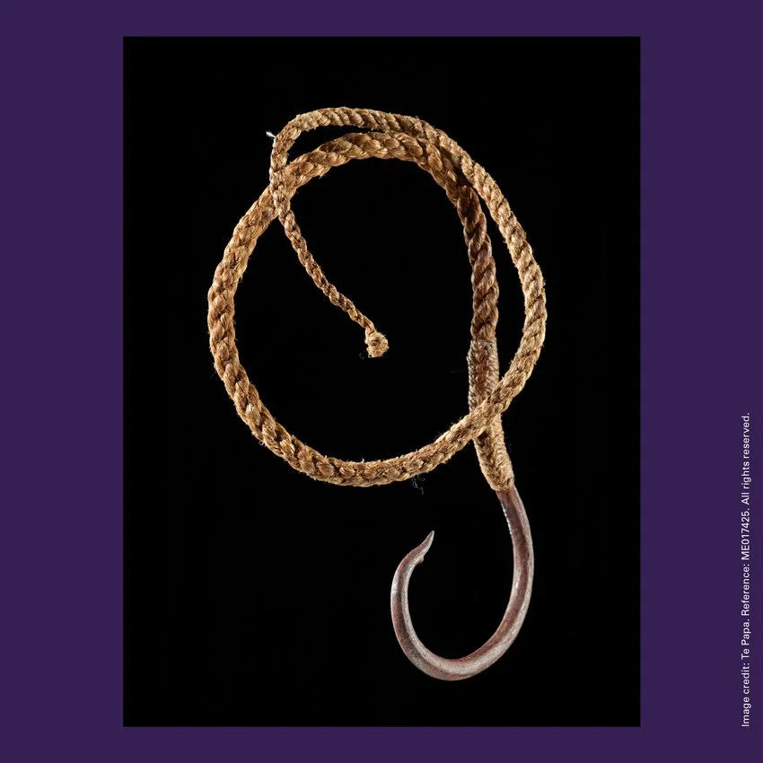 IMAGES: the Curiosity Card about a matau rino (an iron fish hook). The front of the card (above) displays a matau rino made by Māori in the 19th century. The reverse of the card (below) includes fertile questions to inspire inquiry, and a link to more resources to help with teaching and learning.