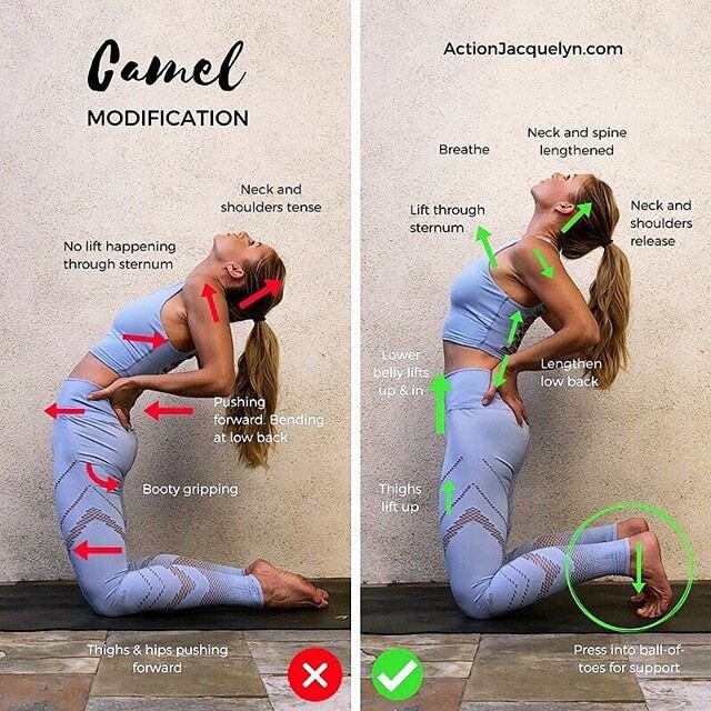 📷 @actionjacquelyn 
Today we&rsquo;re practicing #CamelPose &harr;️ #Ustrasana 🐪 this pose opens your heart &amp; improves your posture! 💓. .
.
.
Biggest alignment tips:
DON'T bend from your lower back, instead OPEN UP the chest lifting your heart