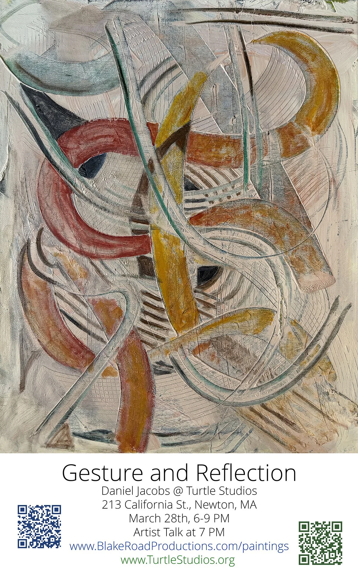 an abstract painting with red, yellow, and green swirling ribbon shapes and visible textures