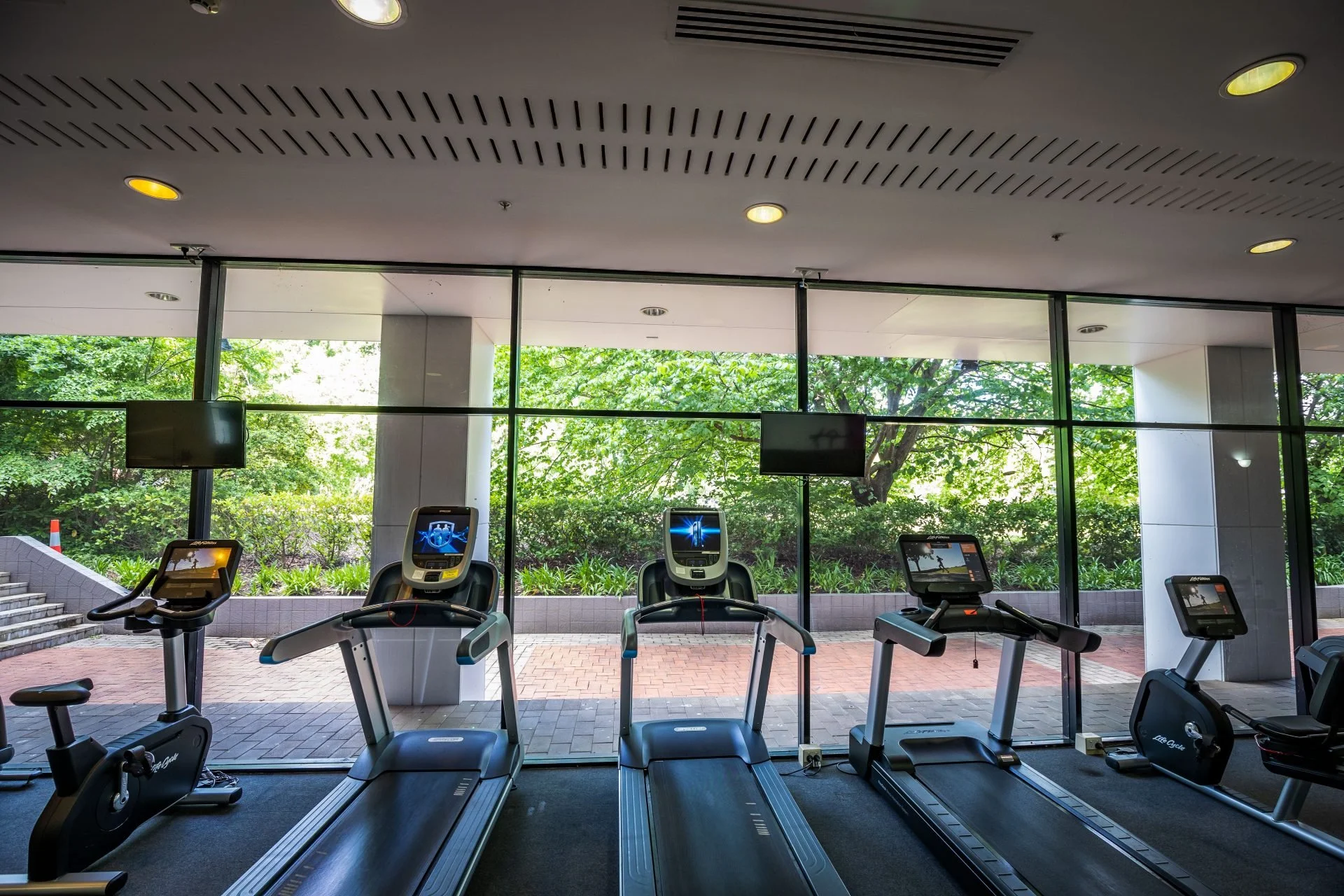 Indoor gym with exercise bikes and treadmills facing large windows showing green trees outside.
