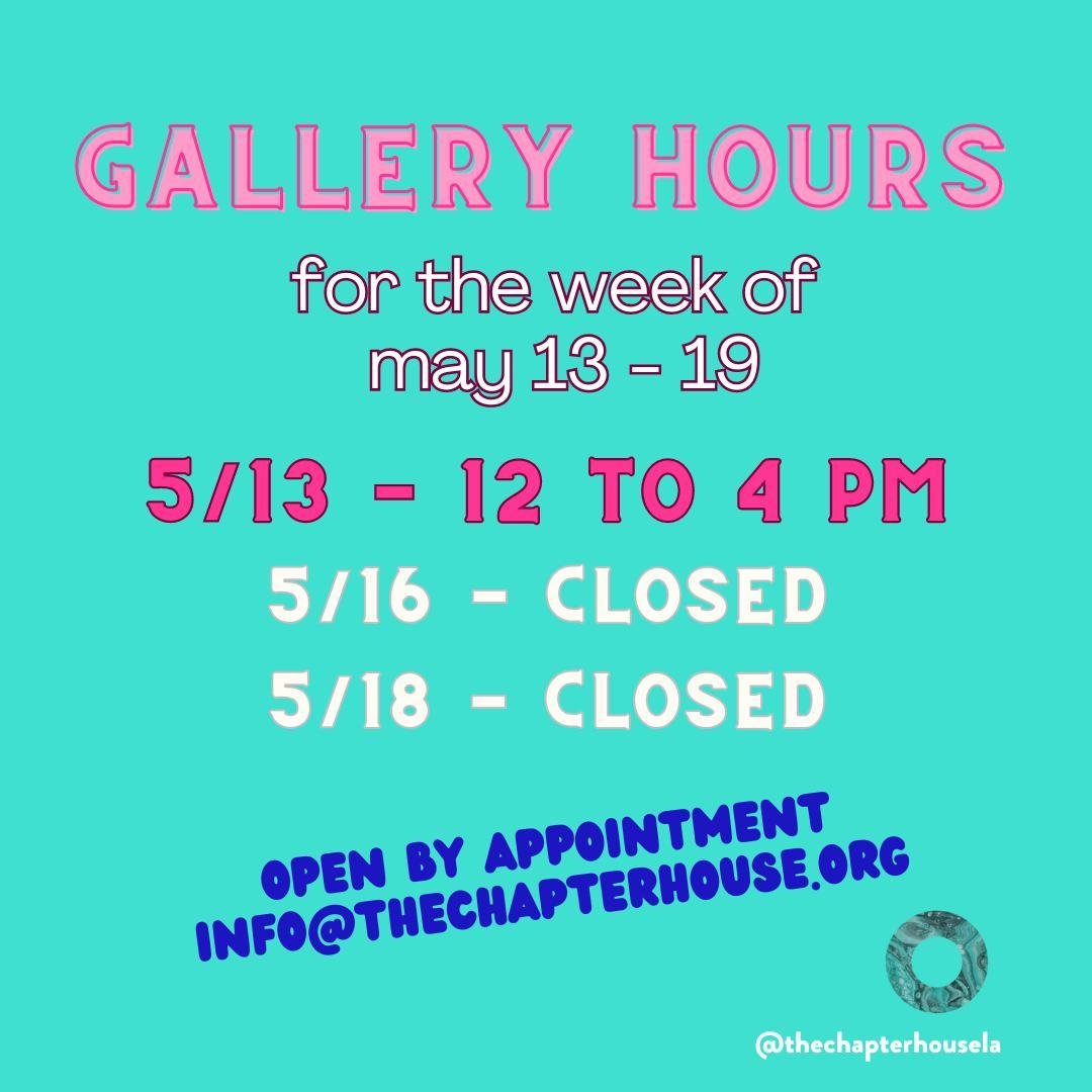 🗓️This week&rsquo;s gallery hours:⁠
⁠
Monday, 5/13 - 12pm to 4pm⁠
5/16 - CLOSED⁠
5/18 - CLOSED⁠
⁠
Open by appointment ➡️ info@thechapterhouse.org⁠
⁠
#TCH #TheChapterHouse #TheChapterHouseLA #EchoPark #TongvaTerritory #LAnonprofit #IndigenousNonprofi