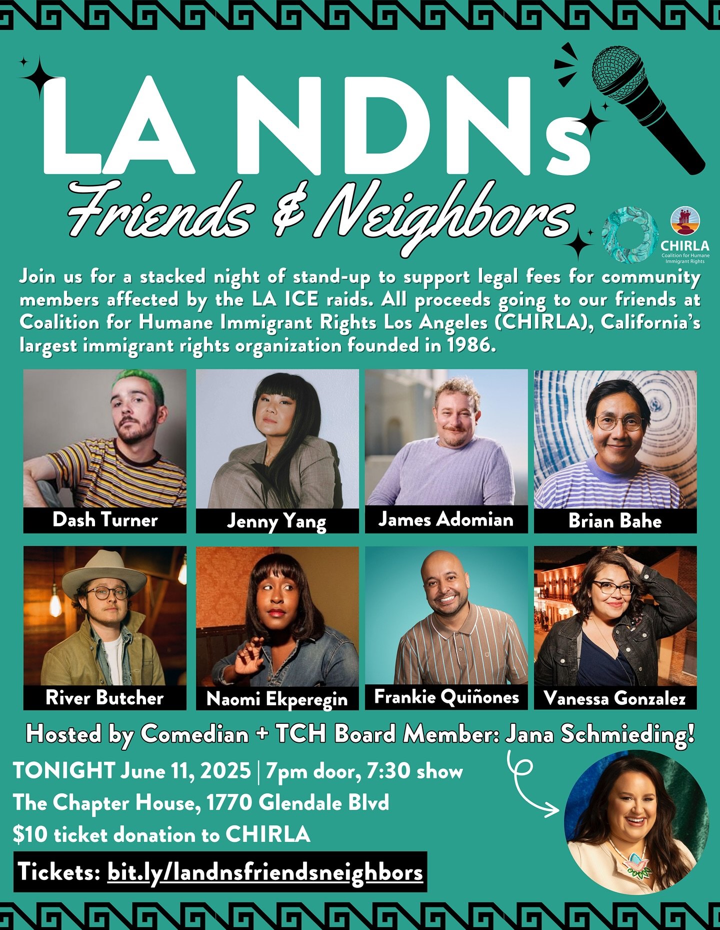 TONIGHT! Last call! 🚨
LA NDNs: Friends &amp; Neighbors is here for one powerful, hilarious, community-rooted night. All proceeds supports legal fees for our neighbors impacted by LA ICE raids.

🎤 Hosted by TCH board member &amp; comedy queen Jana S