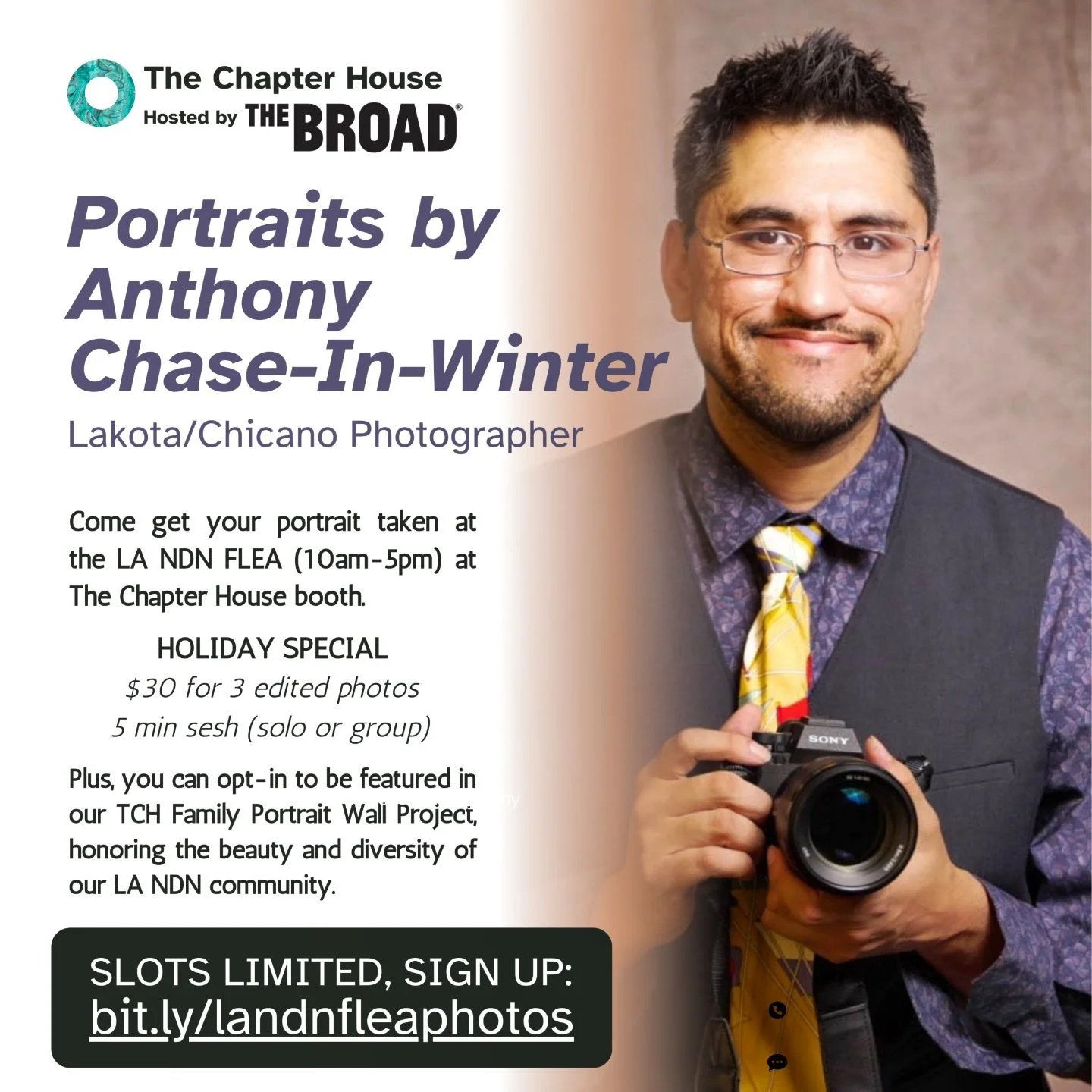 Come get your portrait taken by Anthony Chase-In-Winter @achaseinwinter (Lakota/Chicano) at the LA NDN FLEA on 12/13 from 10am-5pm at @thebroadmuseum, at The Chapter House booth.

📸 Holiday Special:
$30 &bull; 3 edited portraits
5-minute solo or gro