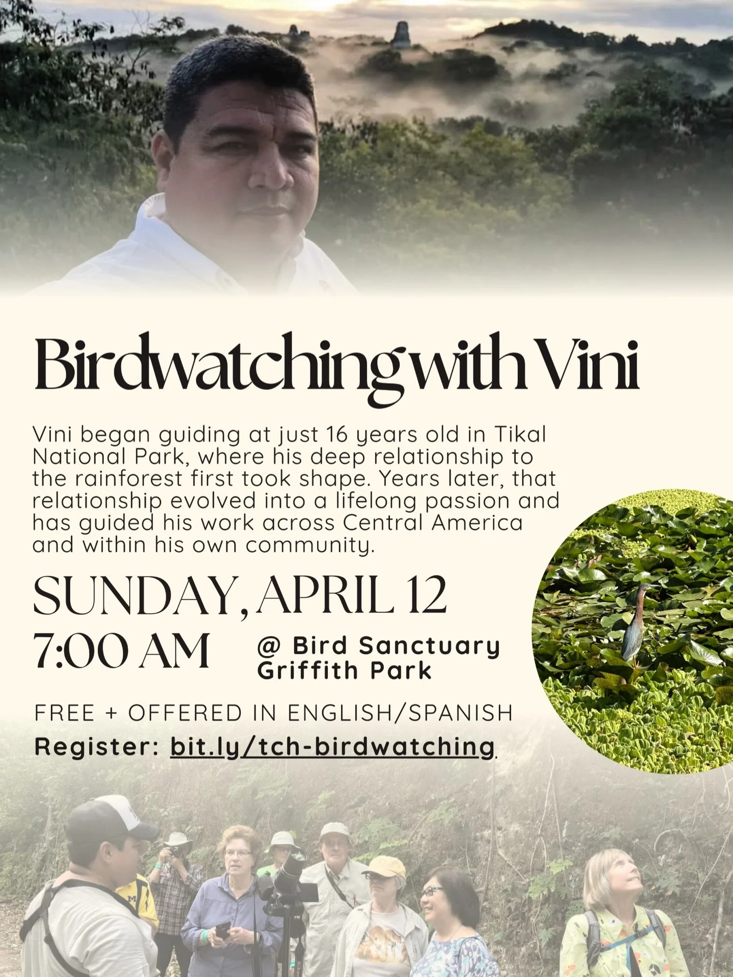 Join us this Sunday for Birdwatching with Vini at Griffith Park Bird Sanctuary for a guided experience rooted in connection, listening, and relationship to land. 🐦

Led by Vinicio &ldquo;Vini&rdquo; Alba, whose journey began in Tikal National Park a