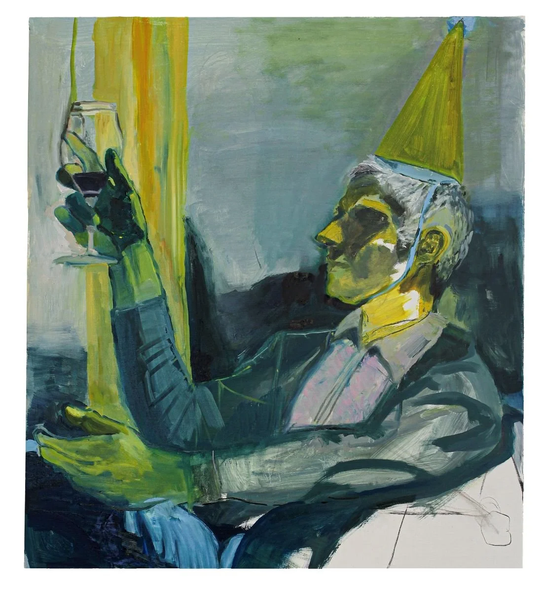 Toast to the End (of the year), oil and charcoal on gatorboard panel, 30 x 27 inches, 2024