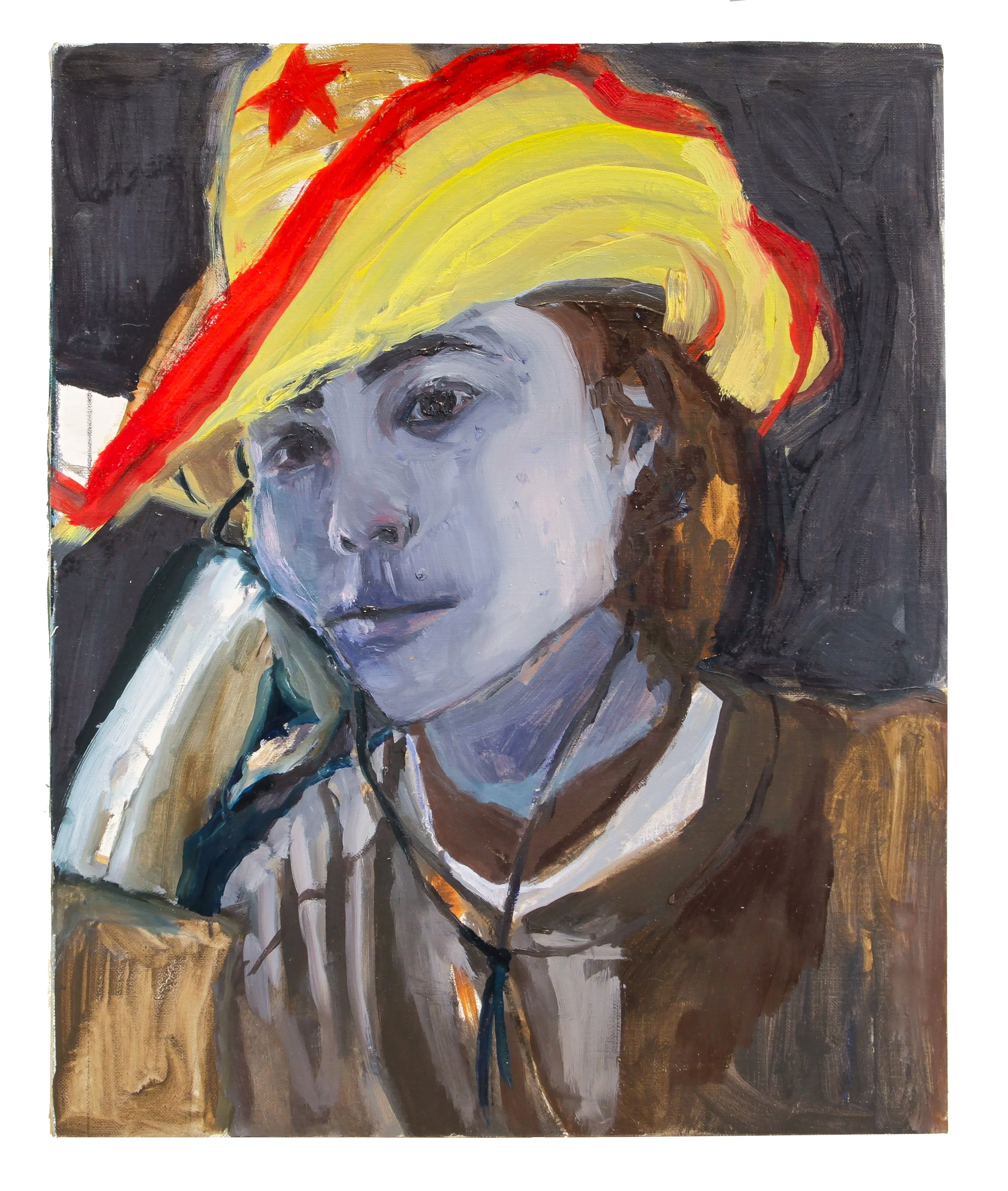 Self-Portrait in Cowboy Hat,  oil and charcoal on canvas mounted gatorboard, 16 x 13 inches, 2025