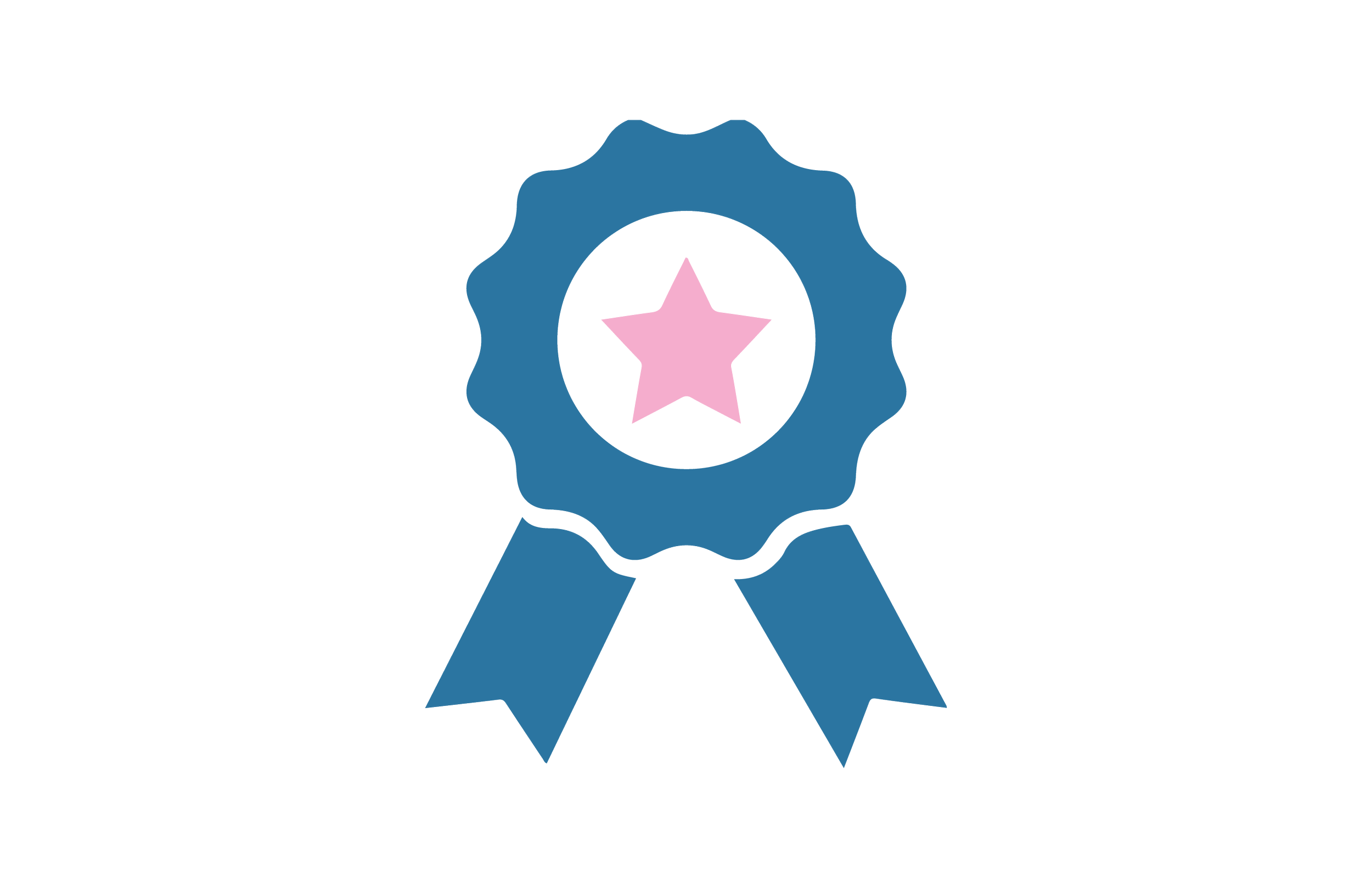 Pink ribbon award medal with a yellow star in the center.