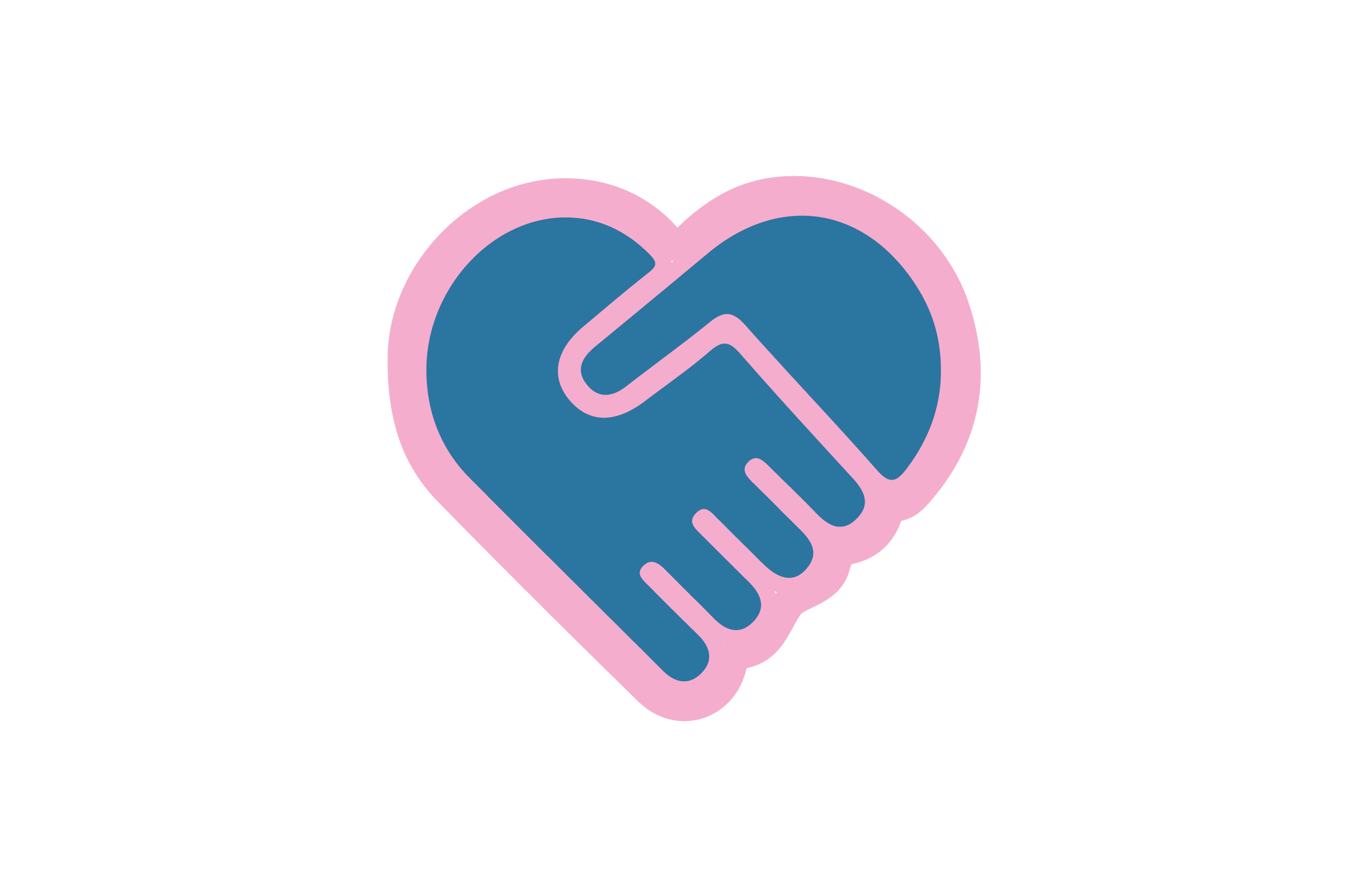 Pink heart with a yellow outline featuring a hand symbol inside, representing caring or support.
