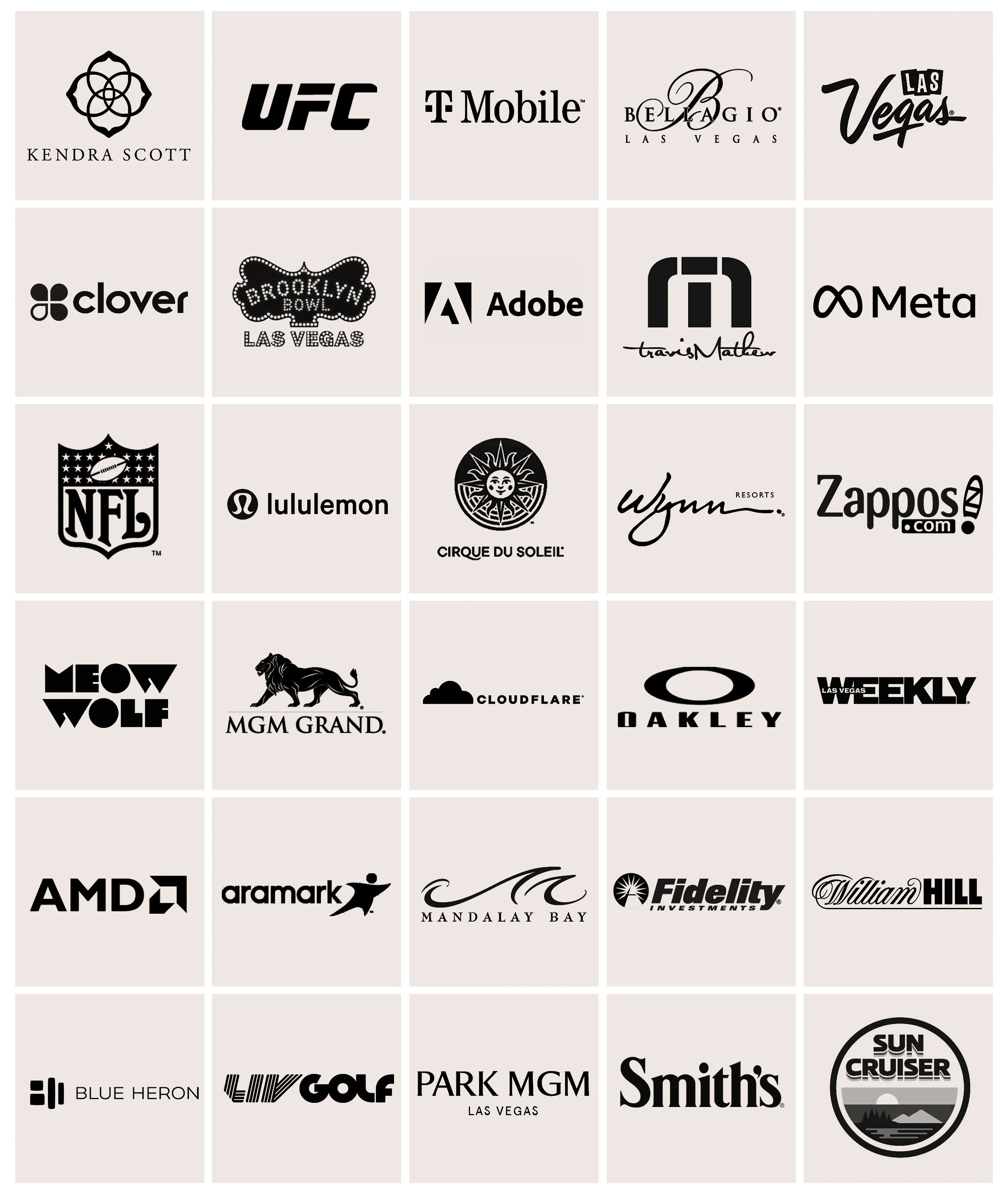 Grid of various logos, including UFC, T-Mobile, Brooklyn Bowl, Meta, NFL, lululemon, Cirque du Soleil, Wynn Resorts, Zappos, AMC, Aramark, Mandalay Bay, Sun Cruiser, and more.