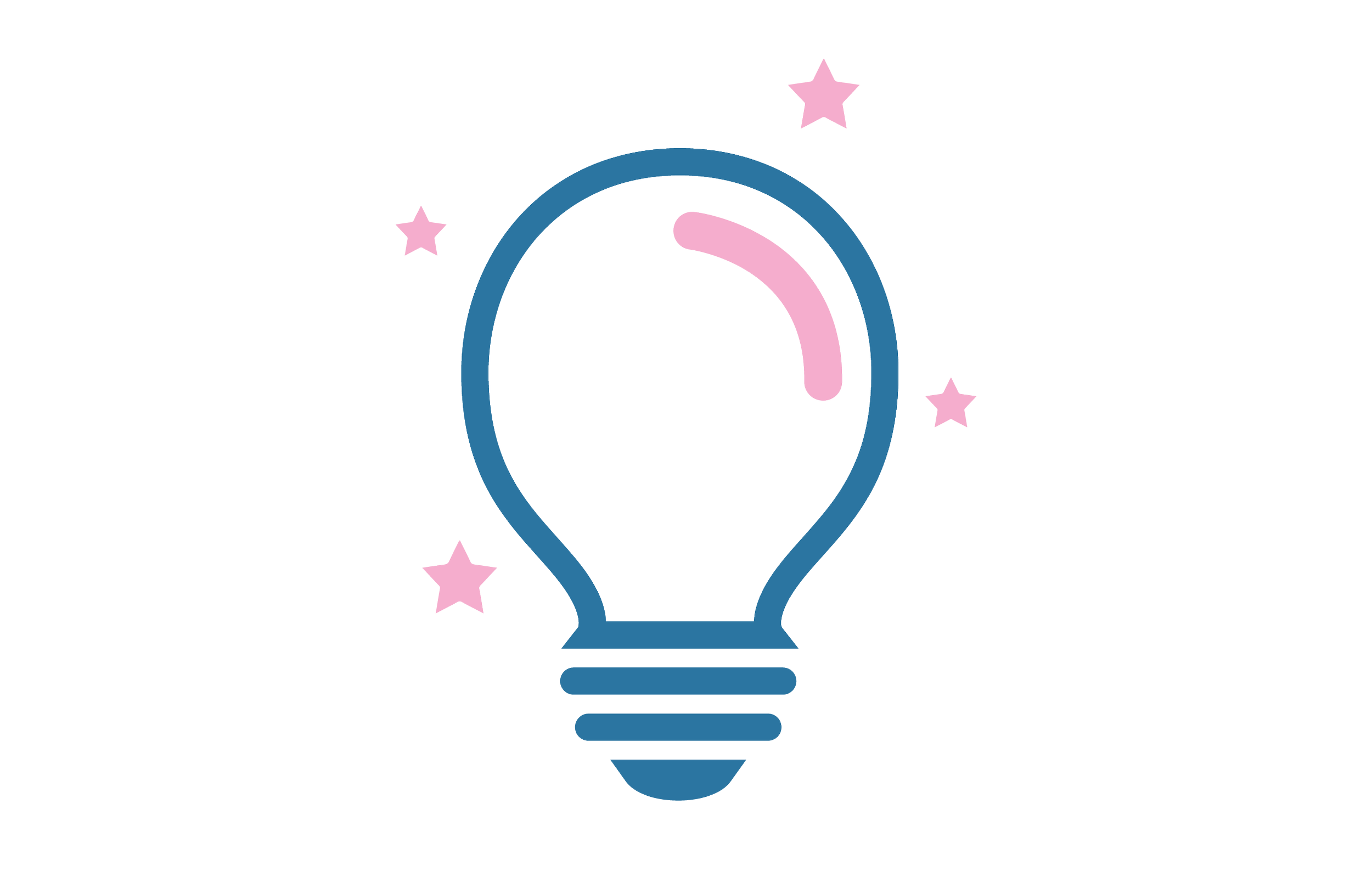 A pink lightbulb illustration with a glowing yellow filament inside and small yellow stars surrounding it.