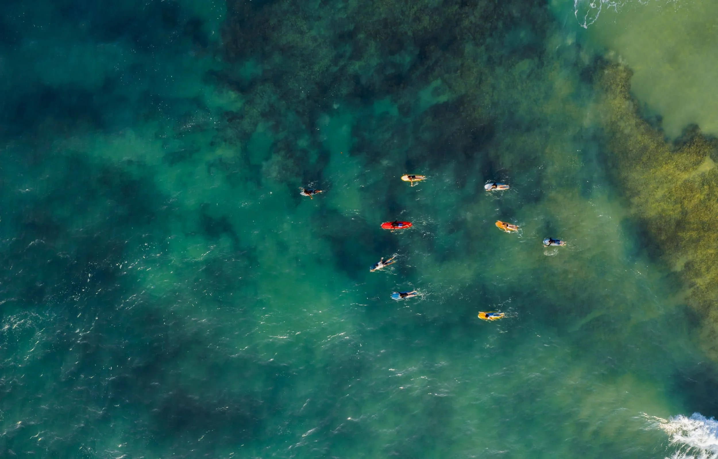 Guests and coaches surfing together at Layback's surf camp in Weligama, Sri Lanka
